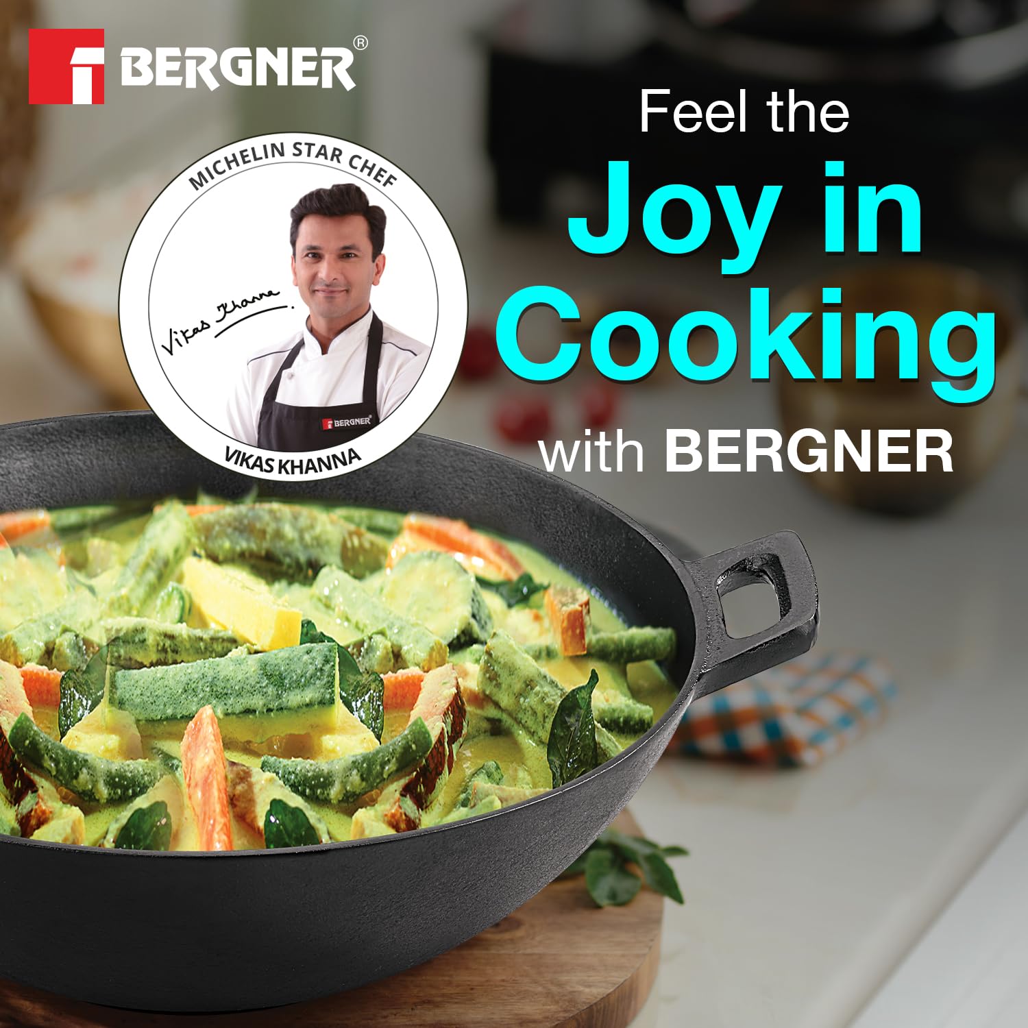 Bergner Eco Cast Iron 3 Pcs Cookware Set - 24cm Kadai, 19cm Frypan, 30cm Dosa Tawa, Pre-Seasoned Finishing, Hand Wash Recommended