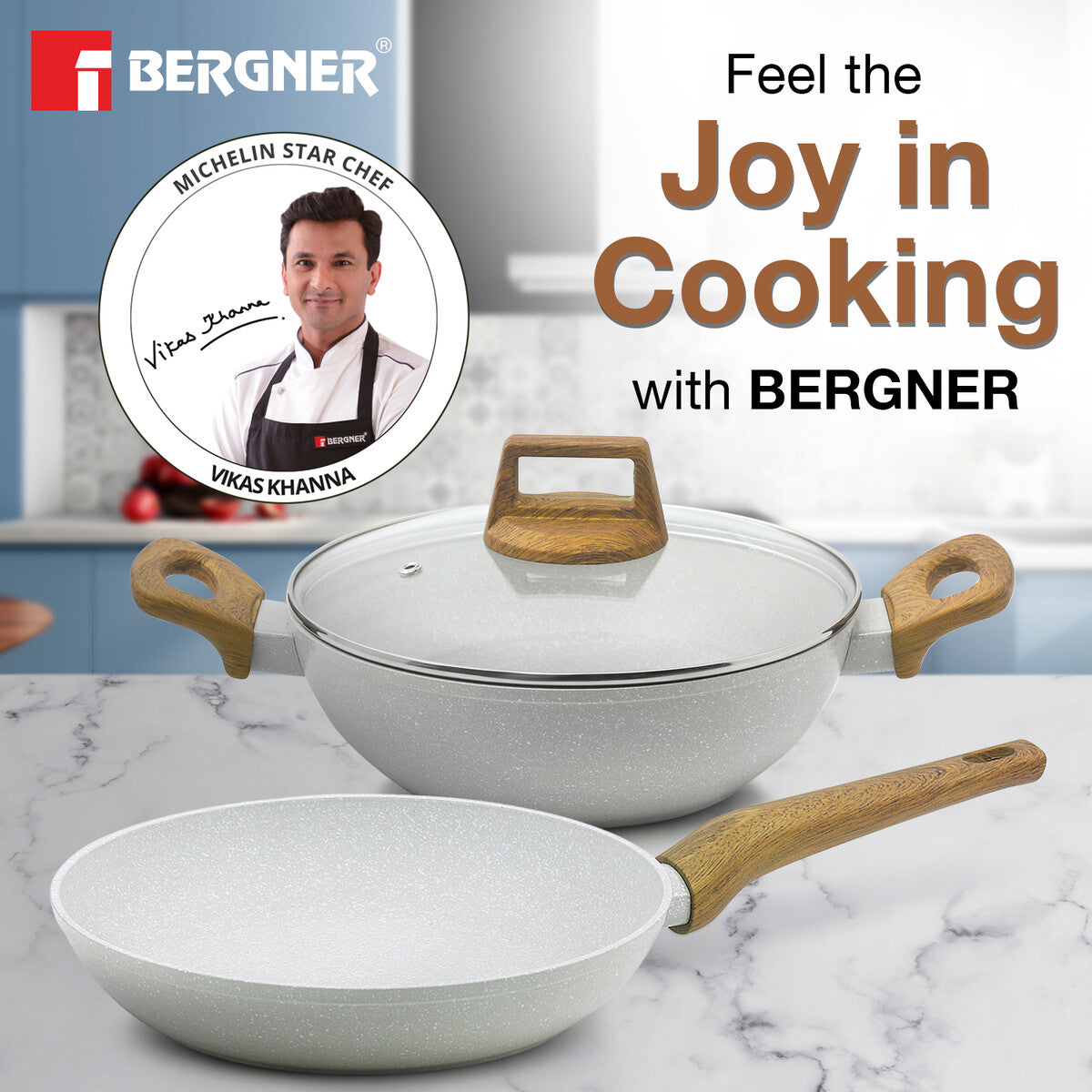 Bergner Naturally Forged Non-Stick 3 Pcs Cookware Set - 24cm Kadai (2 L) with Glass Lid and 24cm Frypan - Induction Bottom (Marble White)