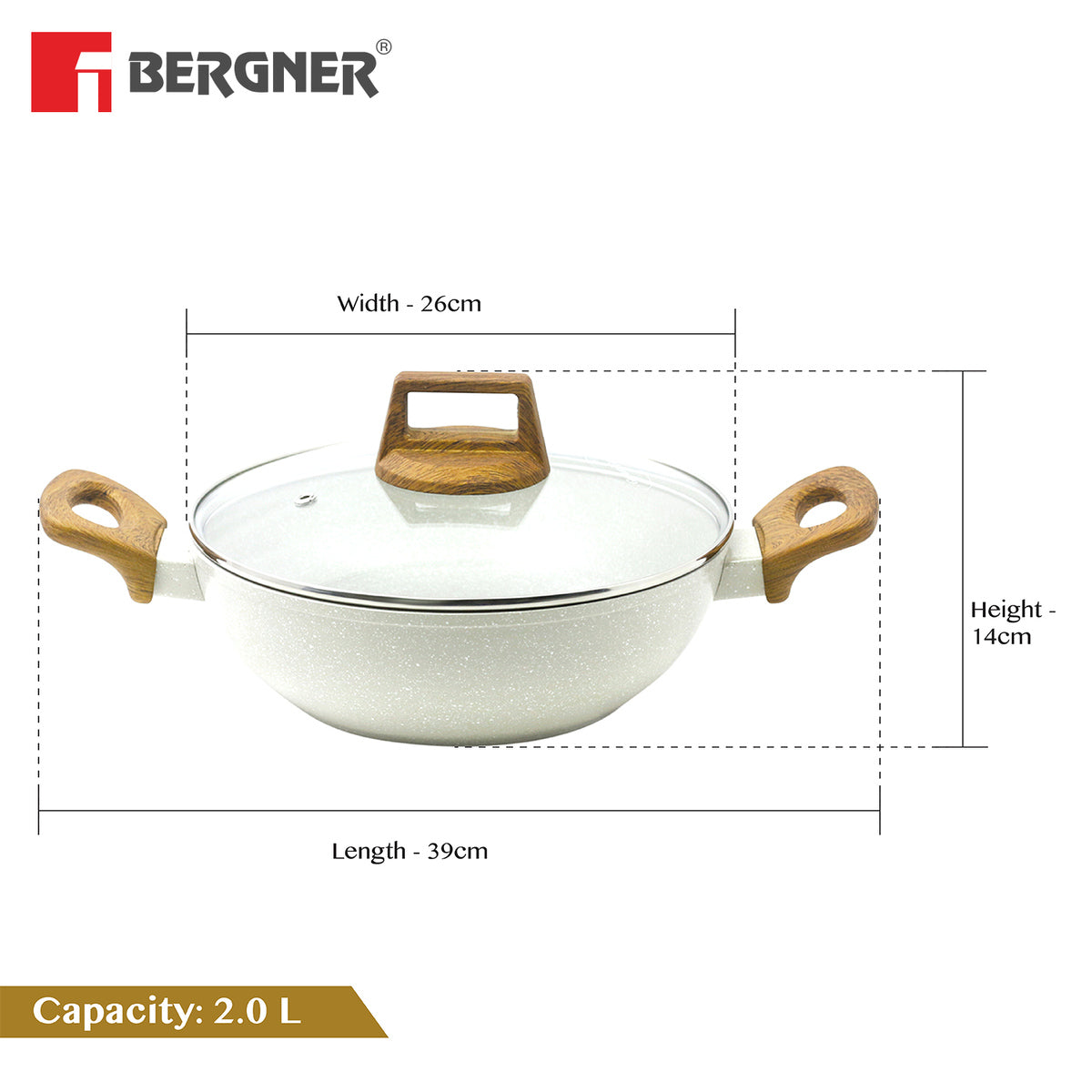 Bergner Naturally Forged Non-Stick 3 Pcs Cookware Set - 24cm Kadai (2 L) with Glass Lid and 24cm Frypan - Induction Bottom (Marble White)