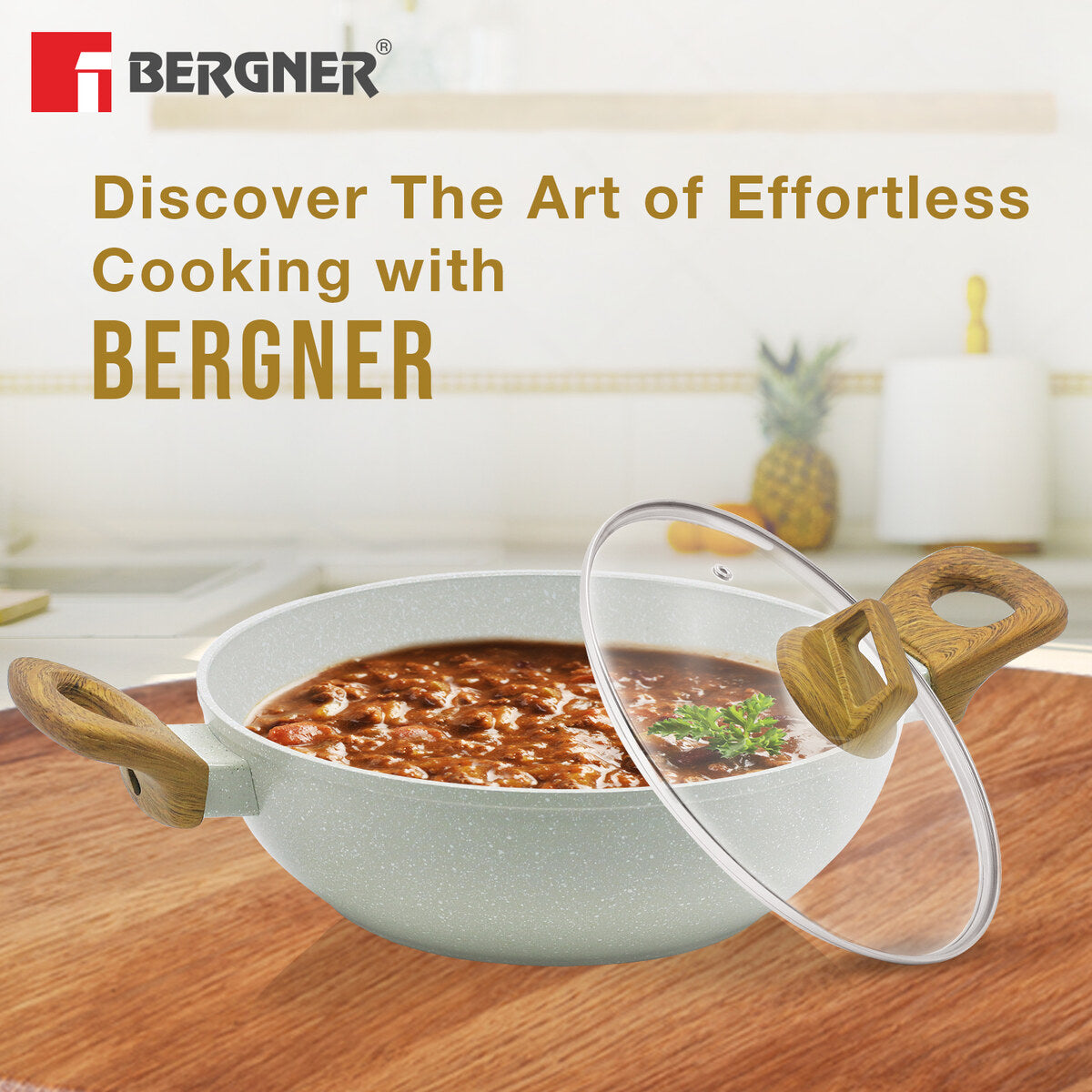 Bergner Naturally Forged Non-Stick 3 Pcs Cookware Set - 24cm Kadai (2 L) with Glass Lid and 24cm Frypan - Induction Bottom (Marble White)