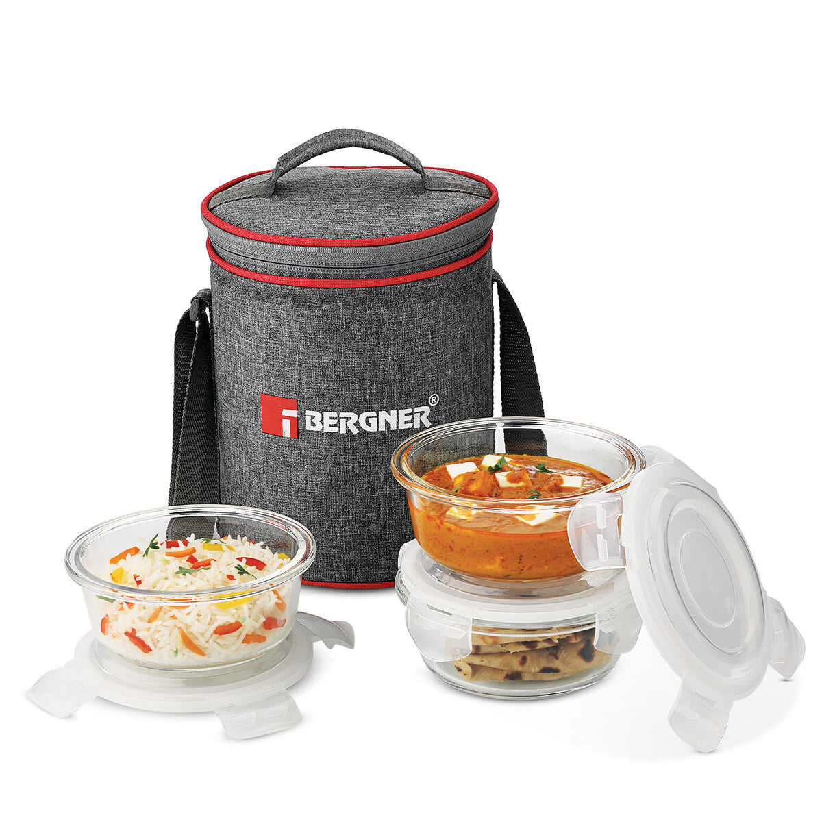 Bergner Fresh Lunch Lunch Box Set - Microwave Safe and Leak Proof (400ml each) with BPA Free Lids and Fabric Bag with Shoulder Strap, Dishwasher Safe - Transparent / Grey