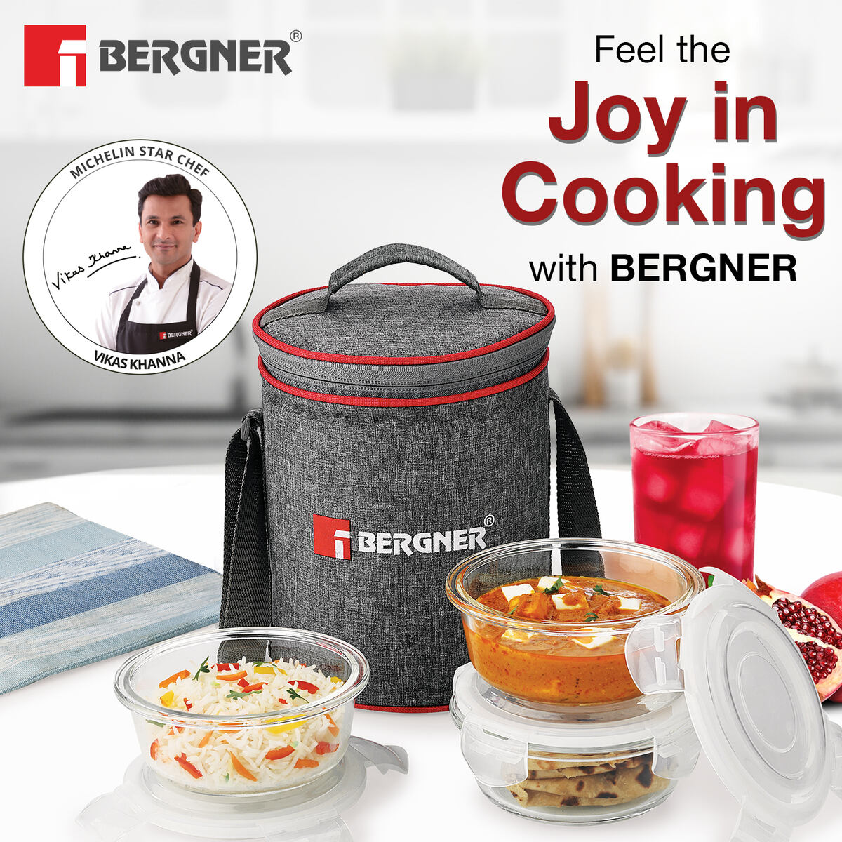 Bergner Fresh Lunch Lunch Box Set - Microwave Safe and Leak Proof (400ml each) with BPA Free Lids and Fabric Bag with Shoulder Strap, Dishwasher Safe - Transparent / Grey