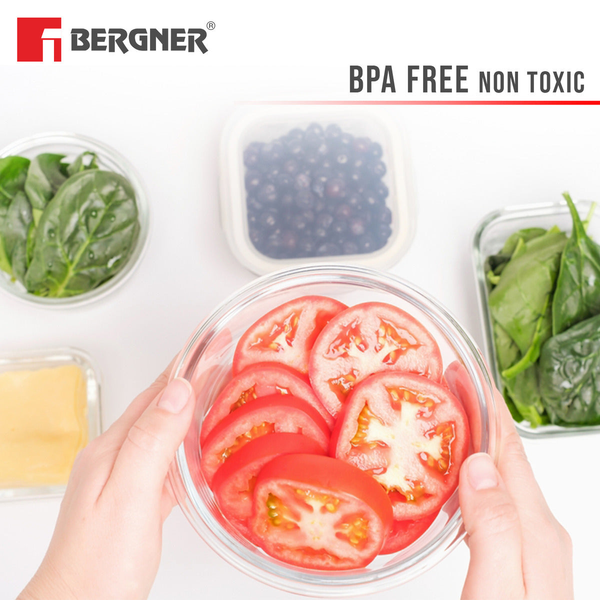 Bergner Fresh Lunch Lunch Box Set - Microwave Safe and Leak Proof (400ml each) with BPA Free Lids and Fabric Bag with Shoulder Strap, Dishwasher Safe - Transparent / Grey