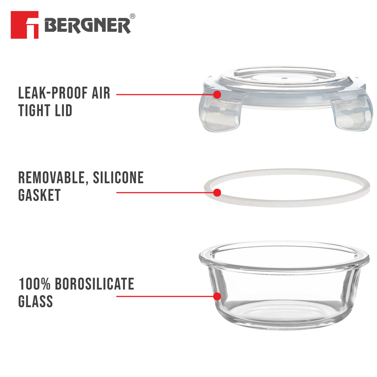 Bergner Fresh Lunch Lunch Box Set - Microwave Safe and Leak Proof (400ml each) with BPA Free Lids and Fabric Bag with Shoulder Strap, Dishwasher Safe - Transparent / Grey