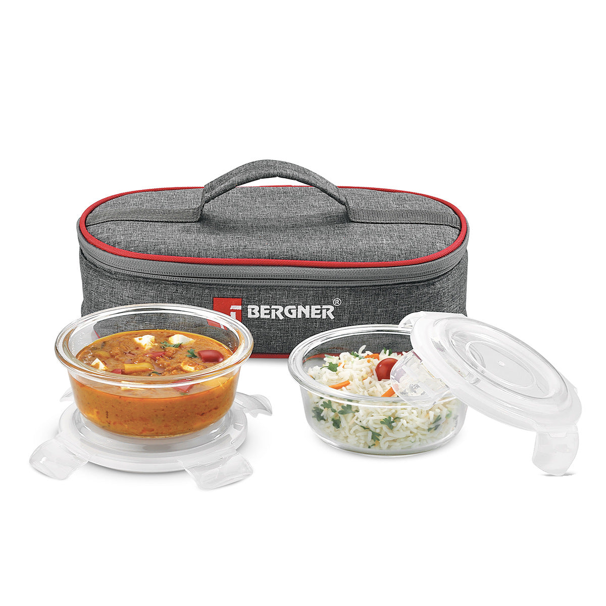 Bergner Fresh Lunch Lunch Box Set - Microwave Safe and Leak Proof (400ml each) with BPA Free Lids and Fabric Bag with Shoulder Strap, Dishwasher Safe - Transparent / Grey