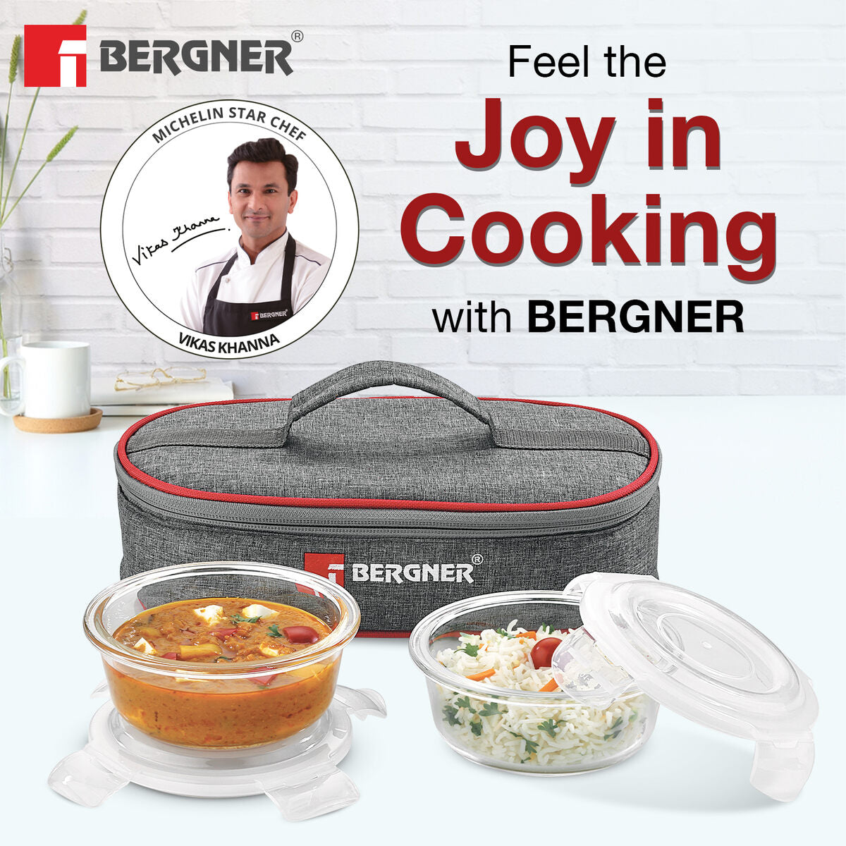 Bergner Fresh Lunch Lunch Box Set - Microwave Safe and Leak Proof (400ml each) with BPA Free Lids and Fabric Bag with Shoulder Strap, Dishwasher Safe - Transparent / Grey