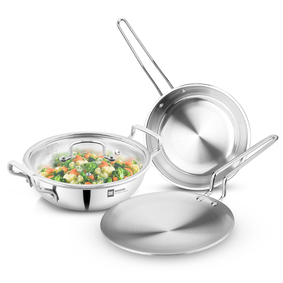 Bergner BE Essentials Triply Stainless Steel 4 Pcs Cookware Set, Less Oil Use, Easy to Clean, Even Heat Distribution - Full Induction Bottom