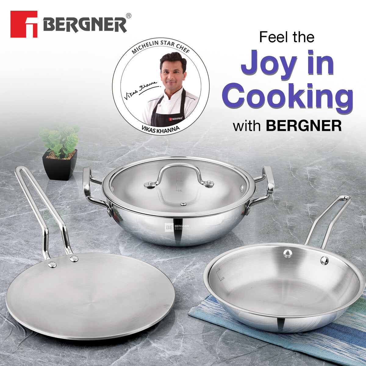 Bergner BE Essentials Triply Stainless Steel 4 Pcs Cookware Set, Less Oil Use, Easy to Clean, Even Heat Distribution - Full Induction Bottom