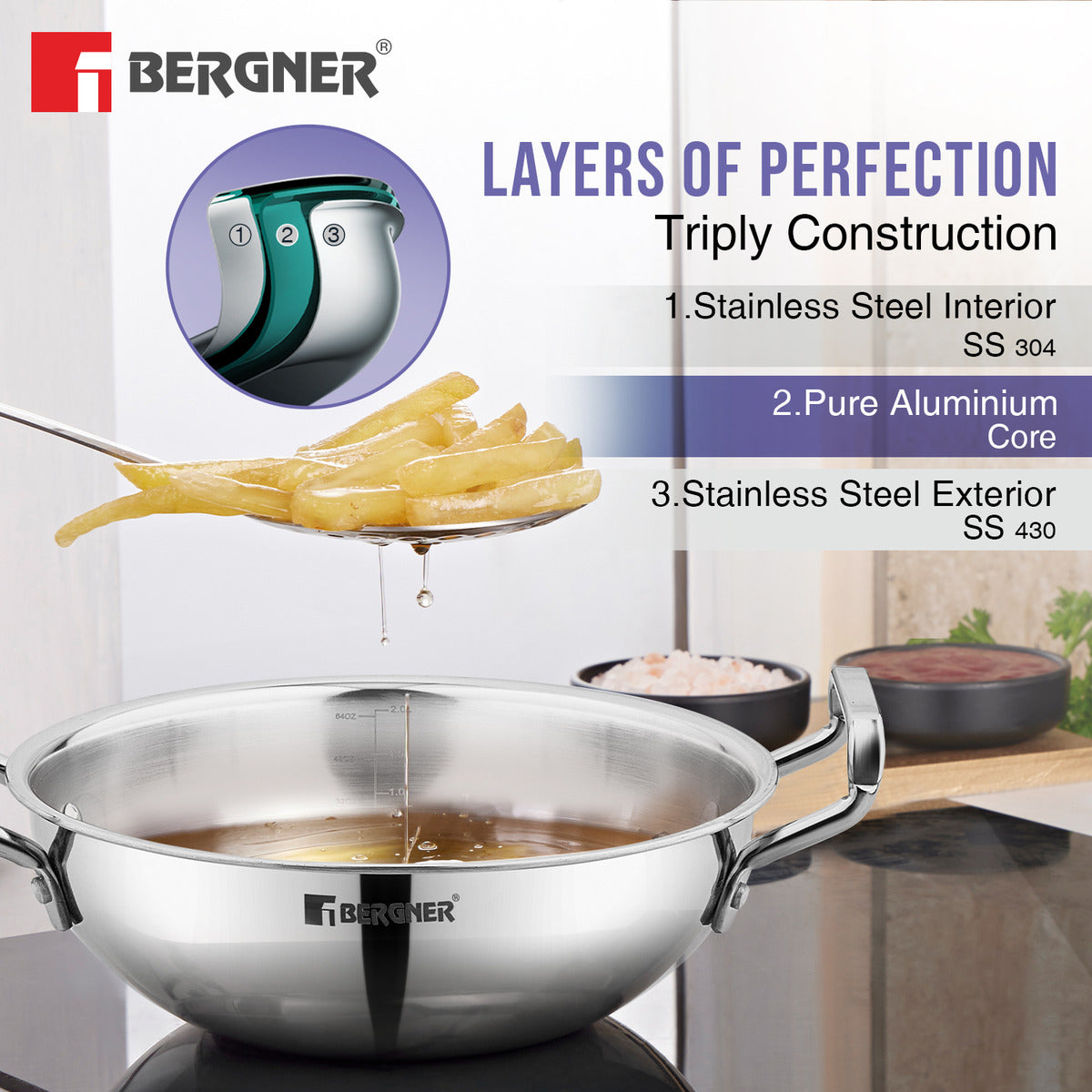 Bergner BE Essentials Triply Stainless Steel 4 Pcs Cookware Set, Less Oil Use, Easy to Clean, Even Heat Distribution - Full Induction Bottom