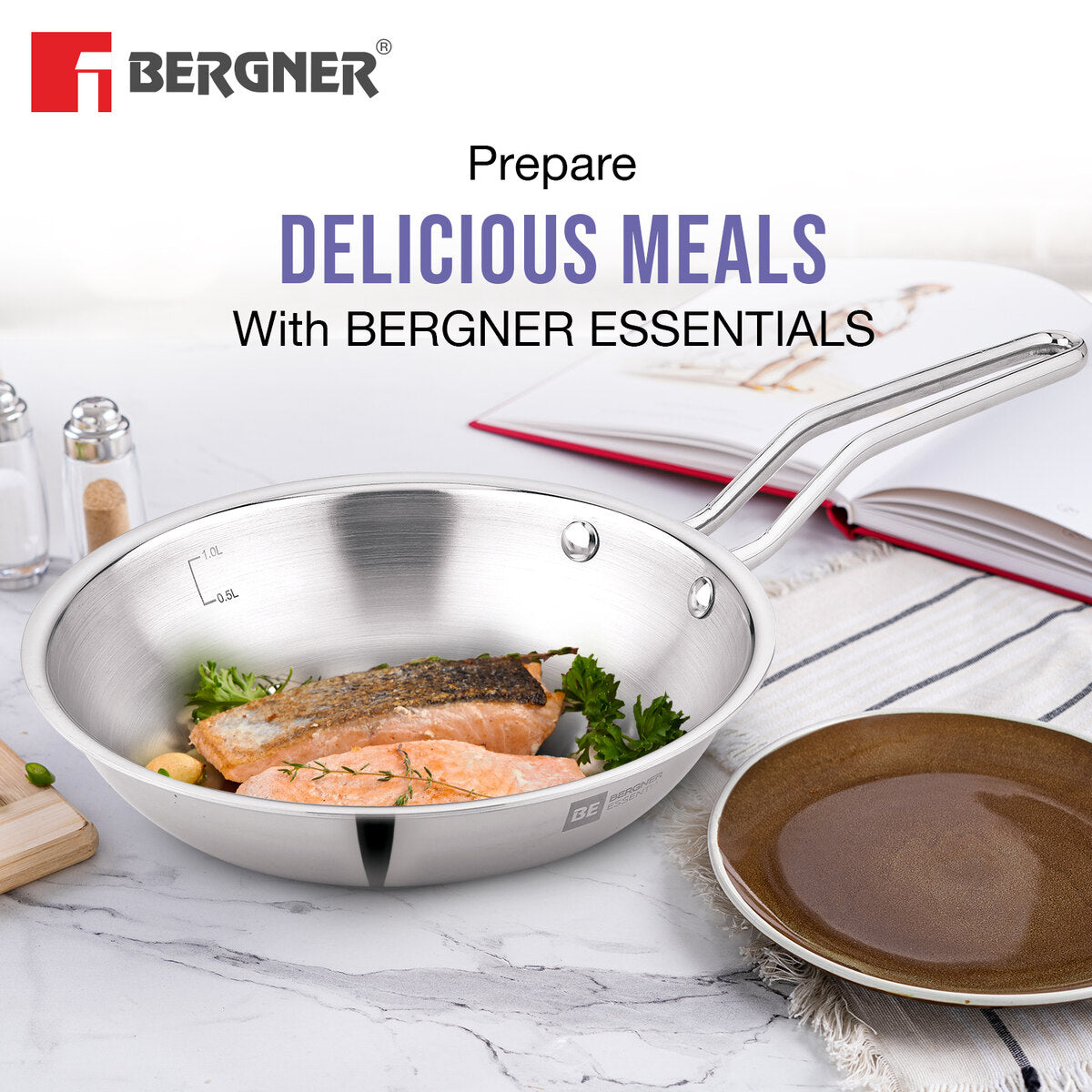 Bergner BE Essentials Triply Stainless Steel 4 Pcs Cookware Set, Less Oil Use, Easy to Clean, Even Heat Distribution - Full Induction Bottom