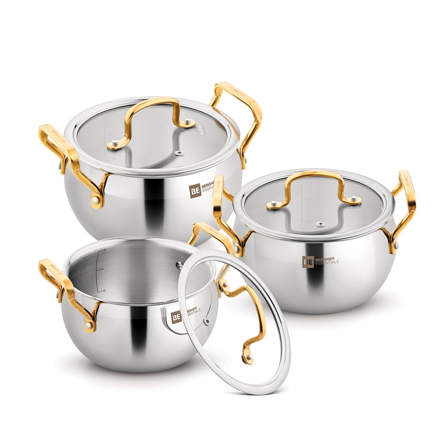 Bergner BE Essentials Rishi Gold TriPly Stainless Steel 6 Pcs Rice Handi Set with Golden Coated Finishing Handles and Knob, Less Oil Cooking - Induction Bottom