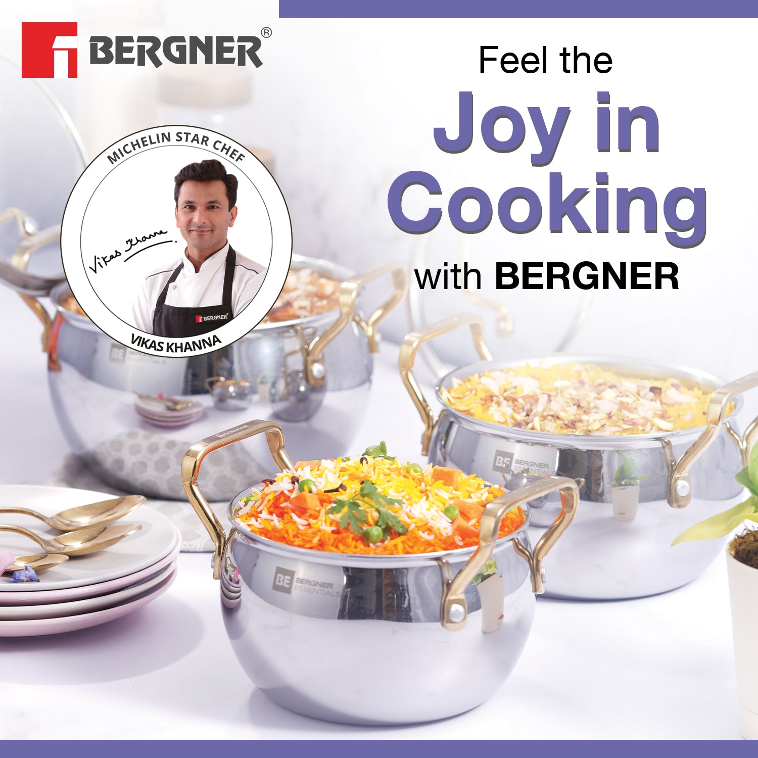 Bergner BE Essentials Rishi Gold TriPly Stainless Steel 6 Pcs Rice Handi Set with Golden Coated Finishing Handles and Knob, Less Oil Cooking - Induction Bottom