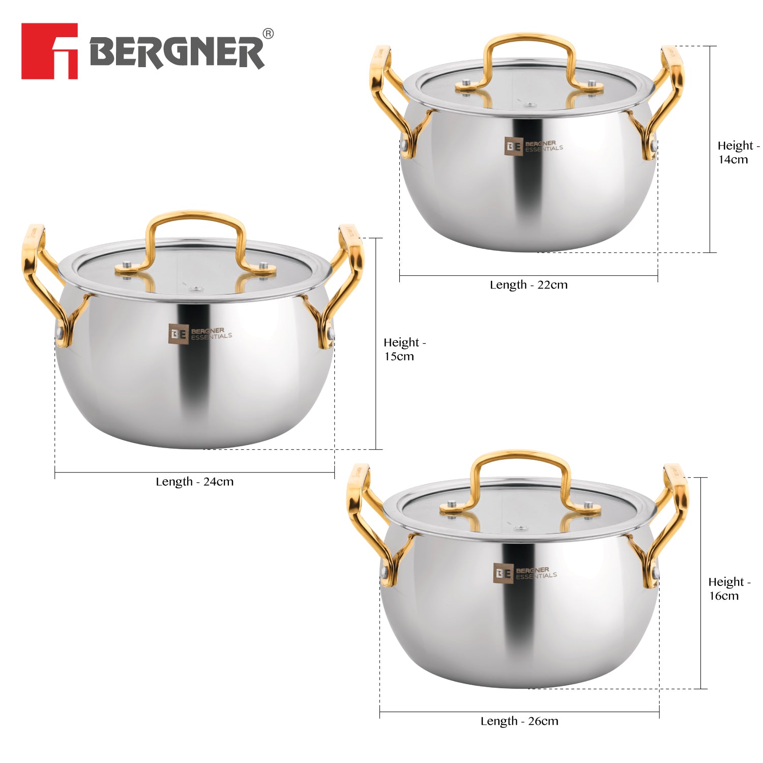 Bergner BE Essentials Rishi Gold TriPly Stainless Steel 6 Pcs Rice Handi Set with Golden Coated Finishing Handles and Knob, Less Oil Cooking - Induction Bottom