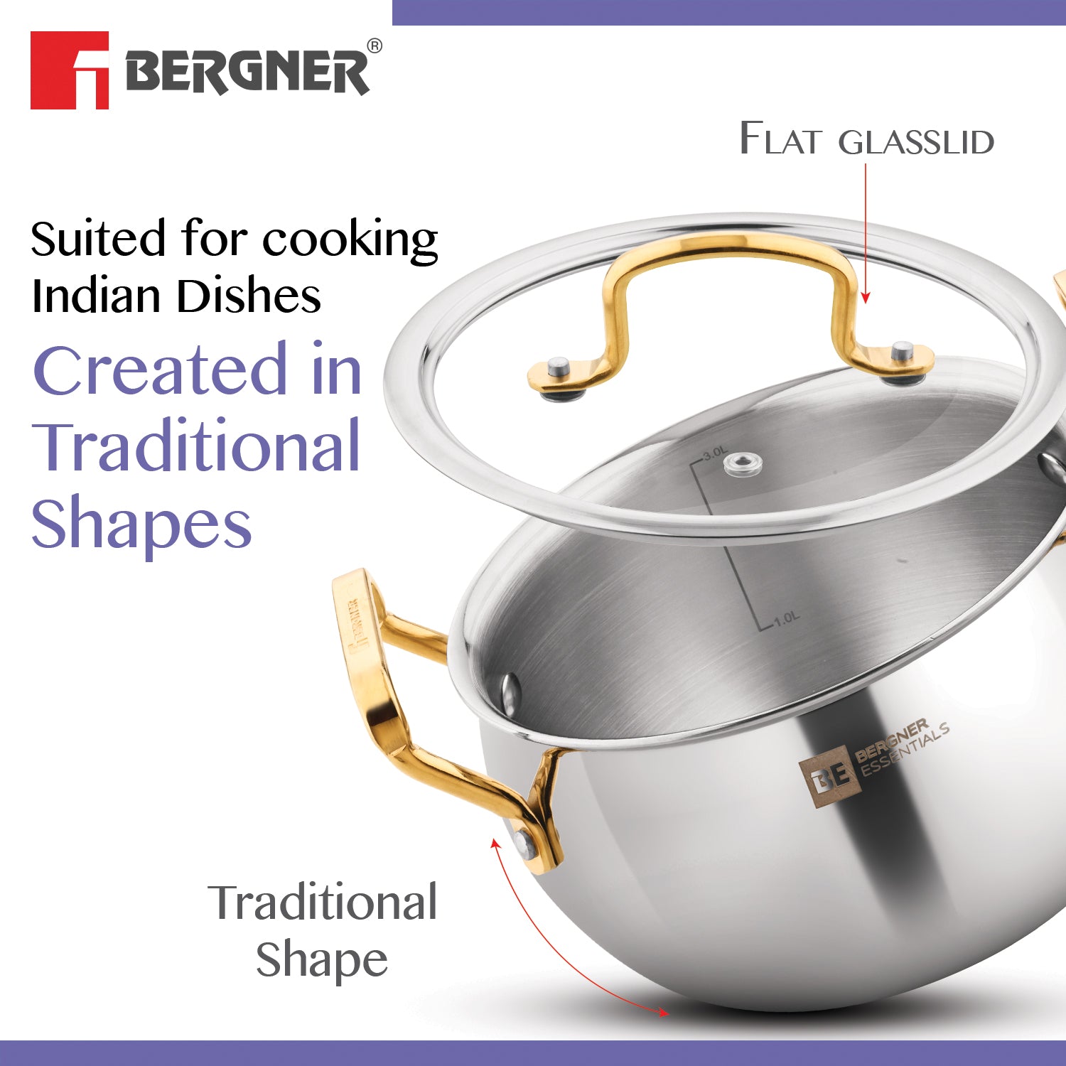 Bergner BE Essentials Rishi Gold TriPly Stainless Steel 6 Pcs Rice Handi Set with Golden Coated Finishing Handles and Knob, Less Oil Cooking - Induction Bottom