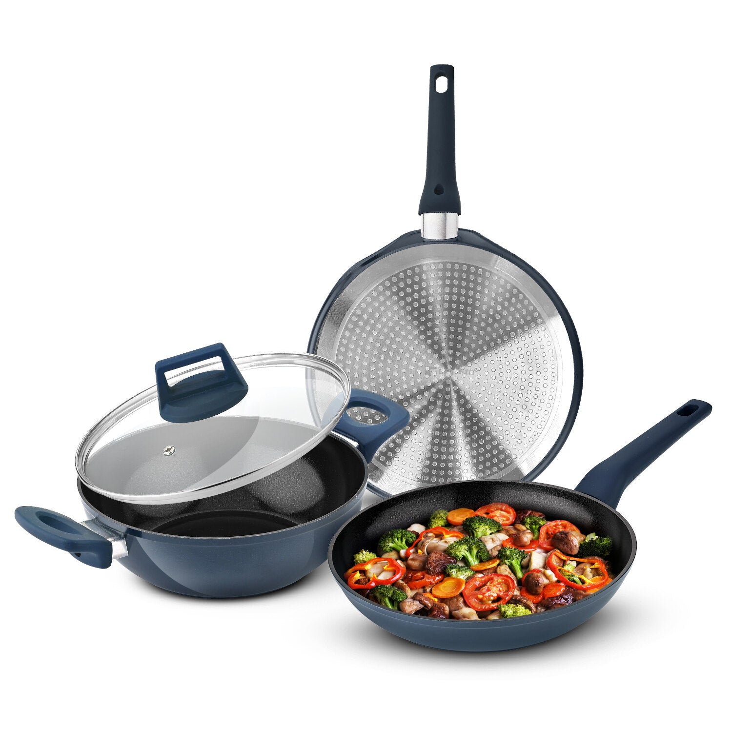 Bergner Titan Forged Aluminium 4 Pcs Cookware Set - 24cm (2.5 L) Kadai with Glass Lid, 24cm (1.6 L) Frypan, 28cm Dosa Tawa - Induction Bottom