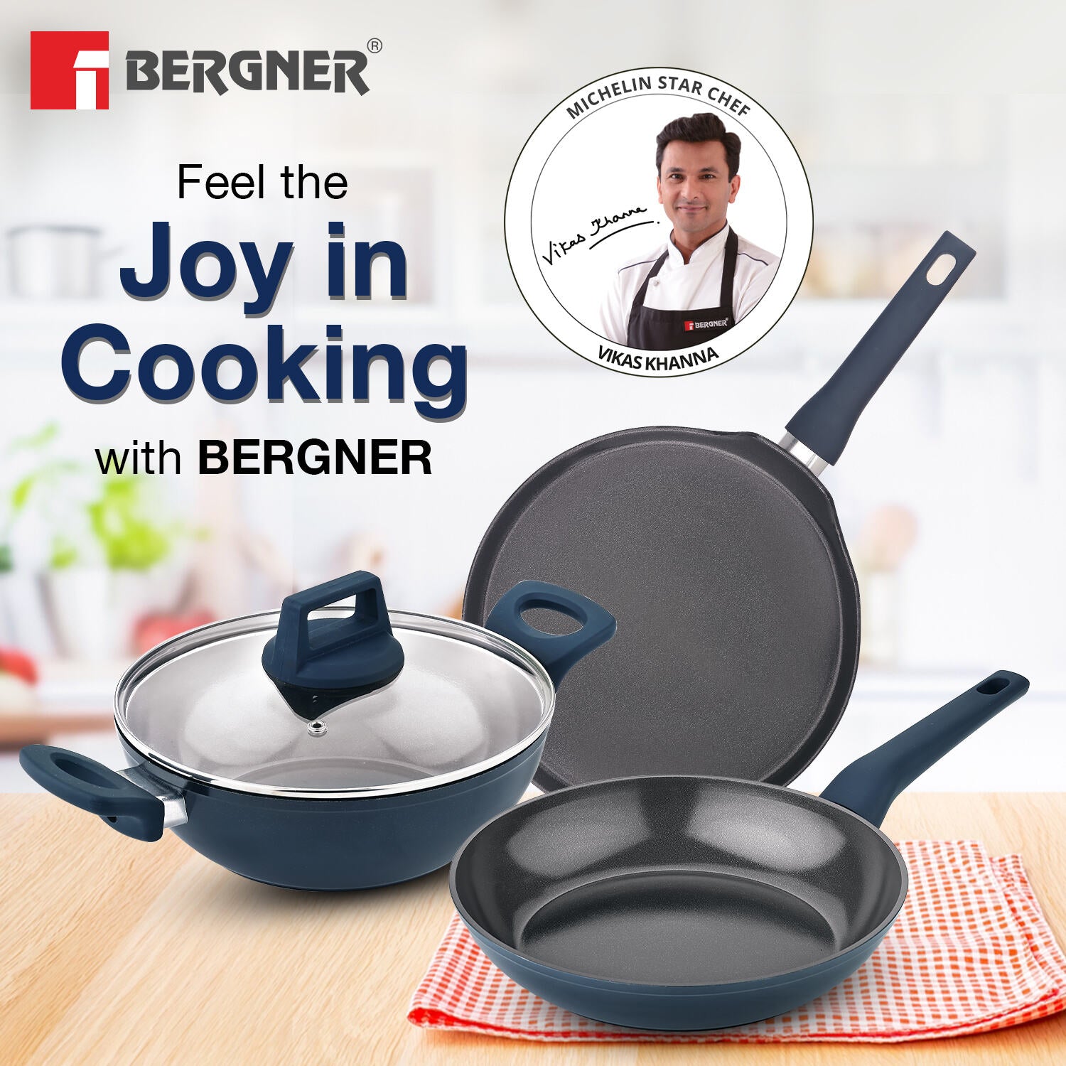 Bergner Titan Forged Aluminium 4 Pcs Cookware Set - 24cm (2.5 L) Kadai with Glass Lid, 24cm (1.6 L) Frypan, 28cm Dosa Tawa - Induction Bottom