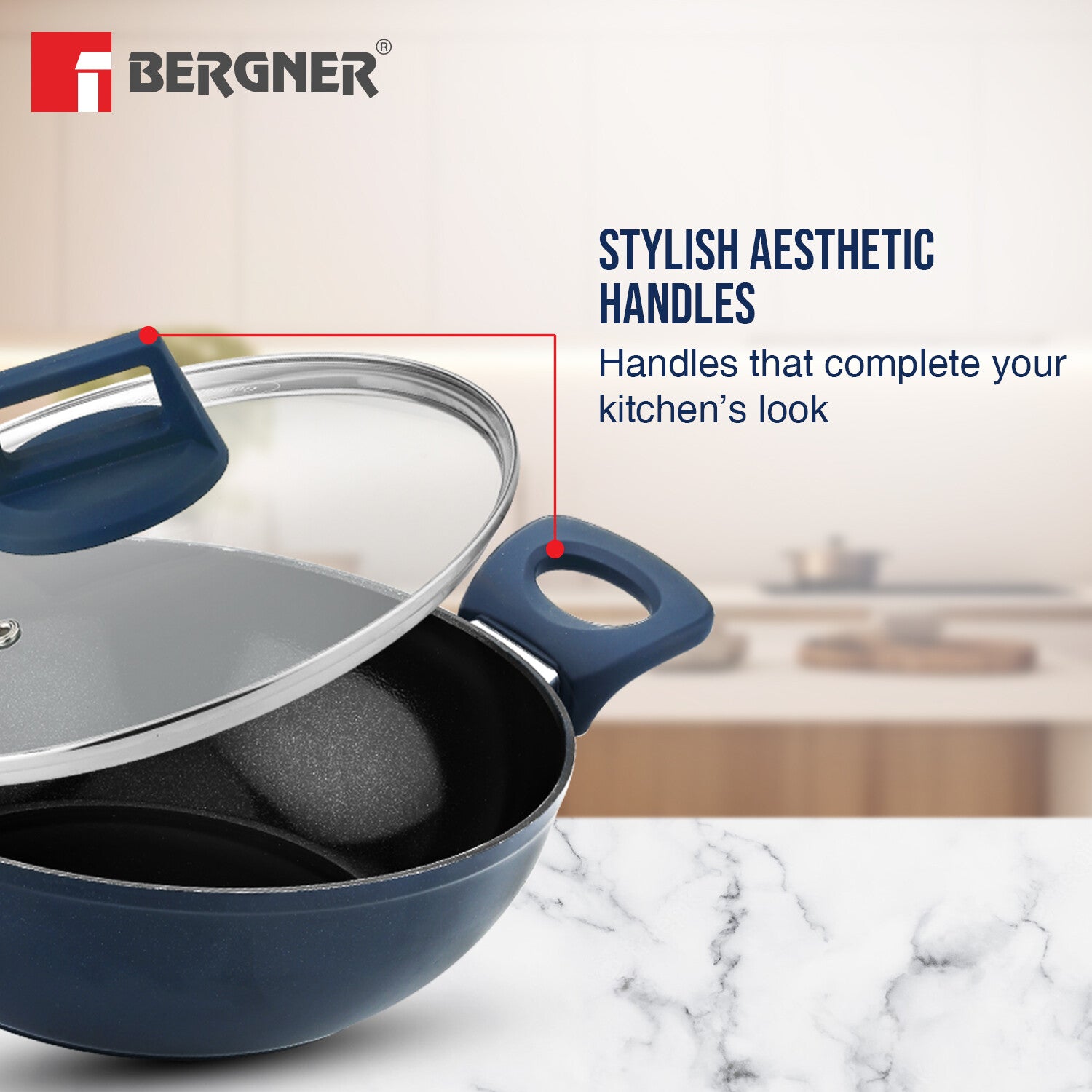 Bergner Titan Forged Aluminium 4 Pcs Cookware Set - 24cm (2.5 L) Kadai with Glass Lid, 24cm (1.6 L) Frypan, 28cm Dosa Tawa - Induction Bottom