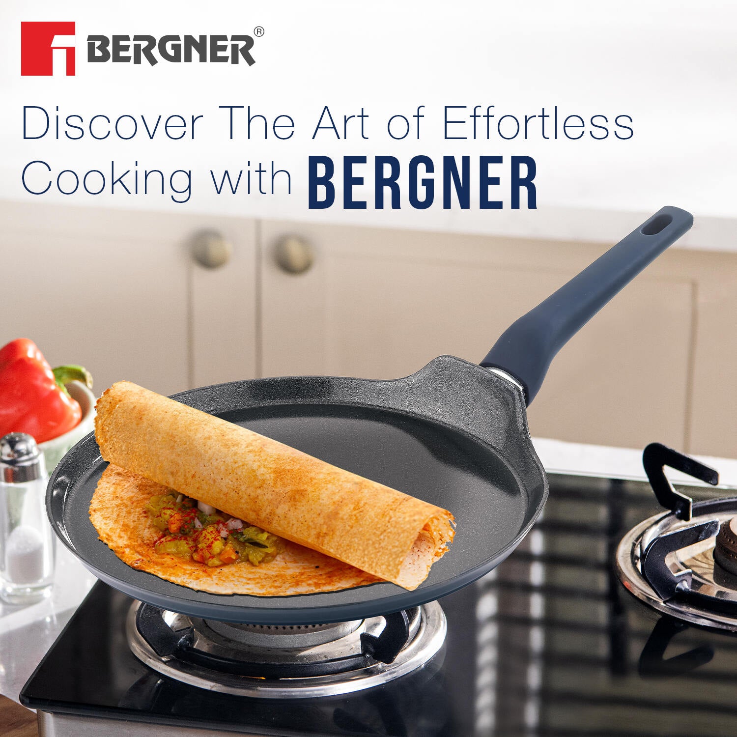 Bergner Titan Forged Aluminium 4 Pcs Cookware Set - 24cm (2.5 L) Kadai with Glass Lid, 24cm (1.6 L) Frypan, 28cm Dosa Tawa - Induction Bottom