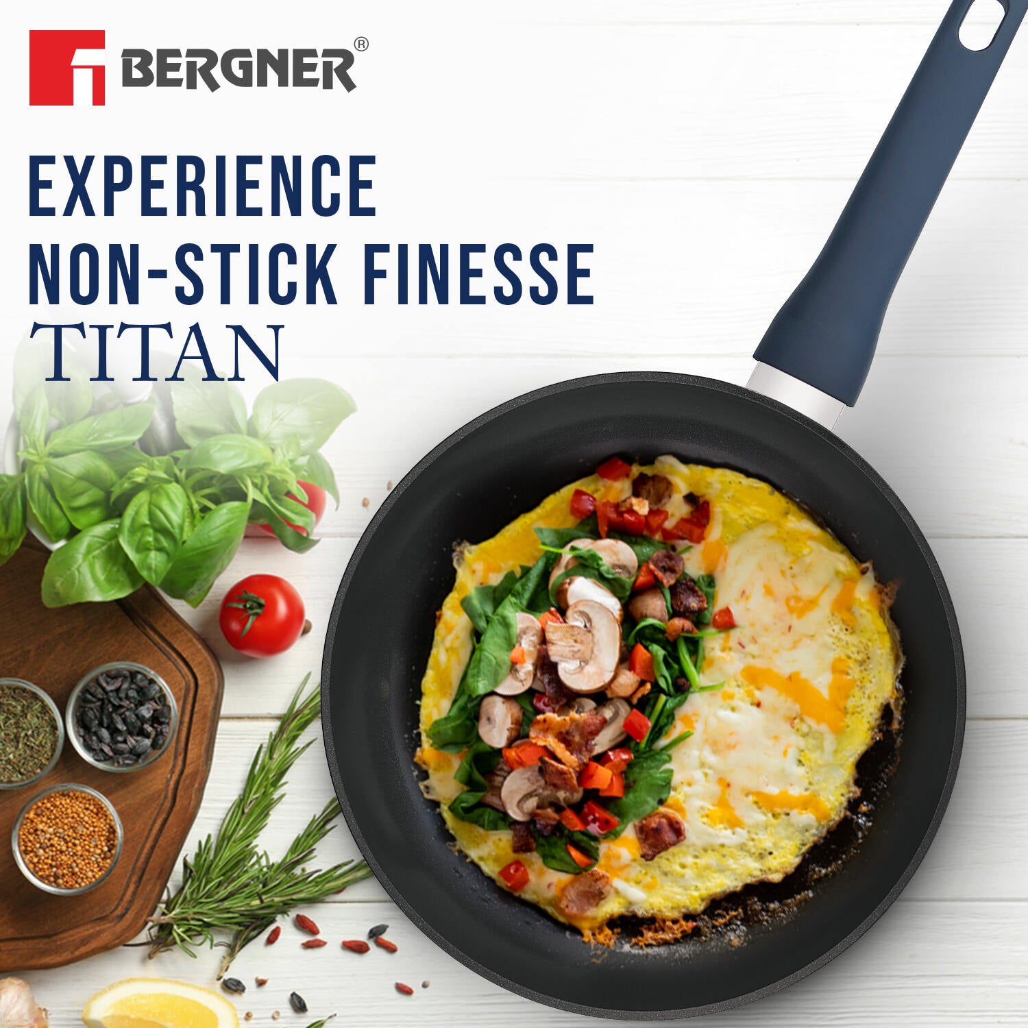 Bergner Titan Forged Aluminium 4 Pcs Cookware Set - 24cm (2.5 L) Kadai with Glass Lid, 24cm (1.6 L) Frypan, 28cm Dosa Tawa - Induction Bottom