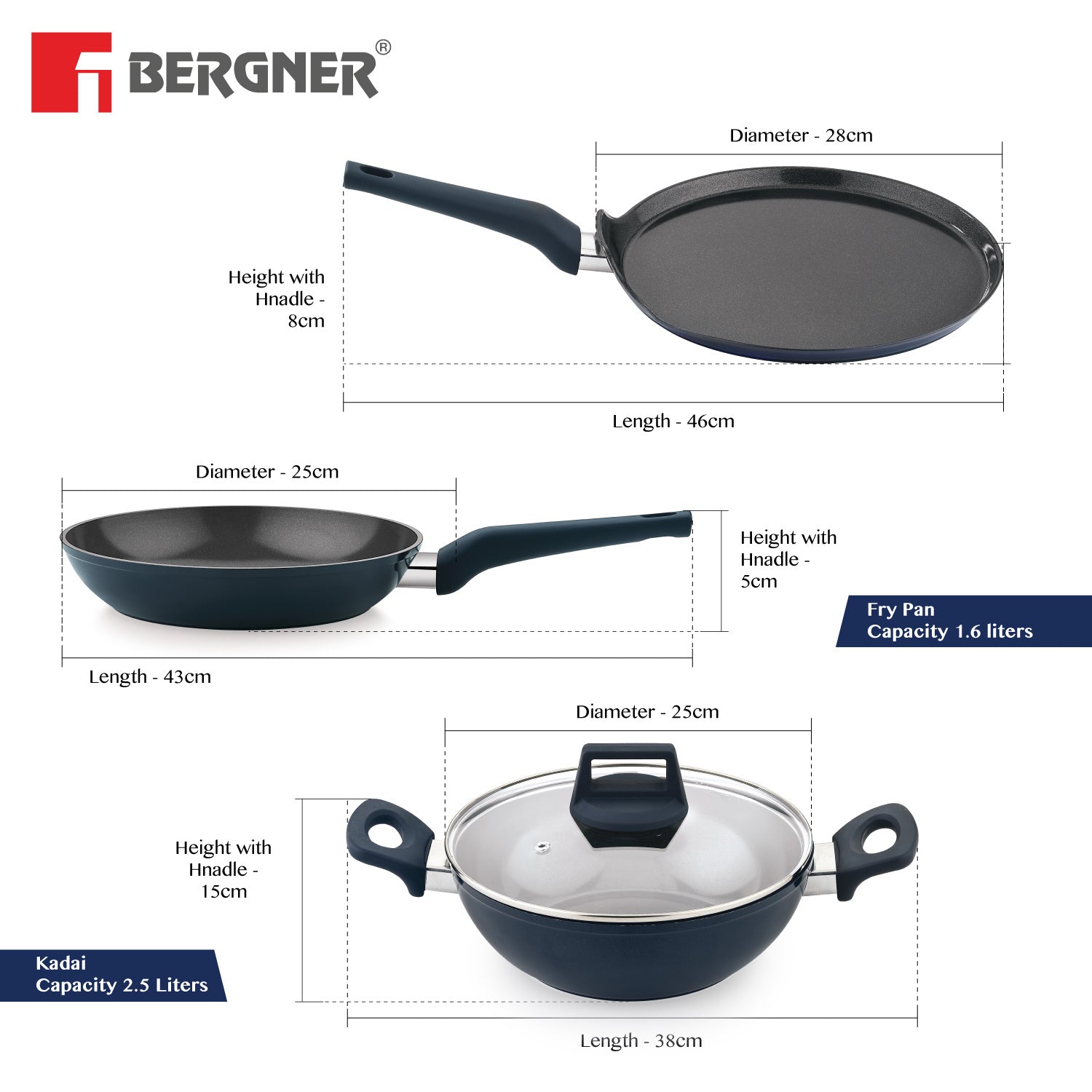 Bergner Titan Forged Aluminium 4 Pcs Cookware Set - 24cm (2.5 L) Kadai with Glass Lid, 24cm (1.6 L) Frypan, 28cm Dosa Tawa - Induction Bottom