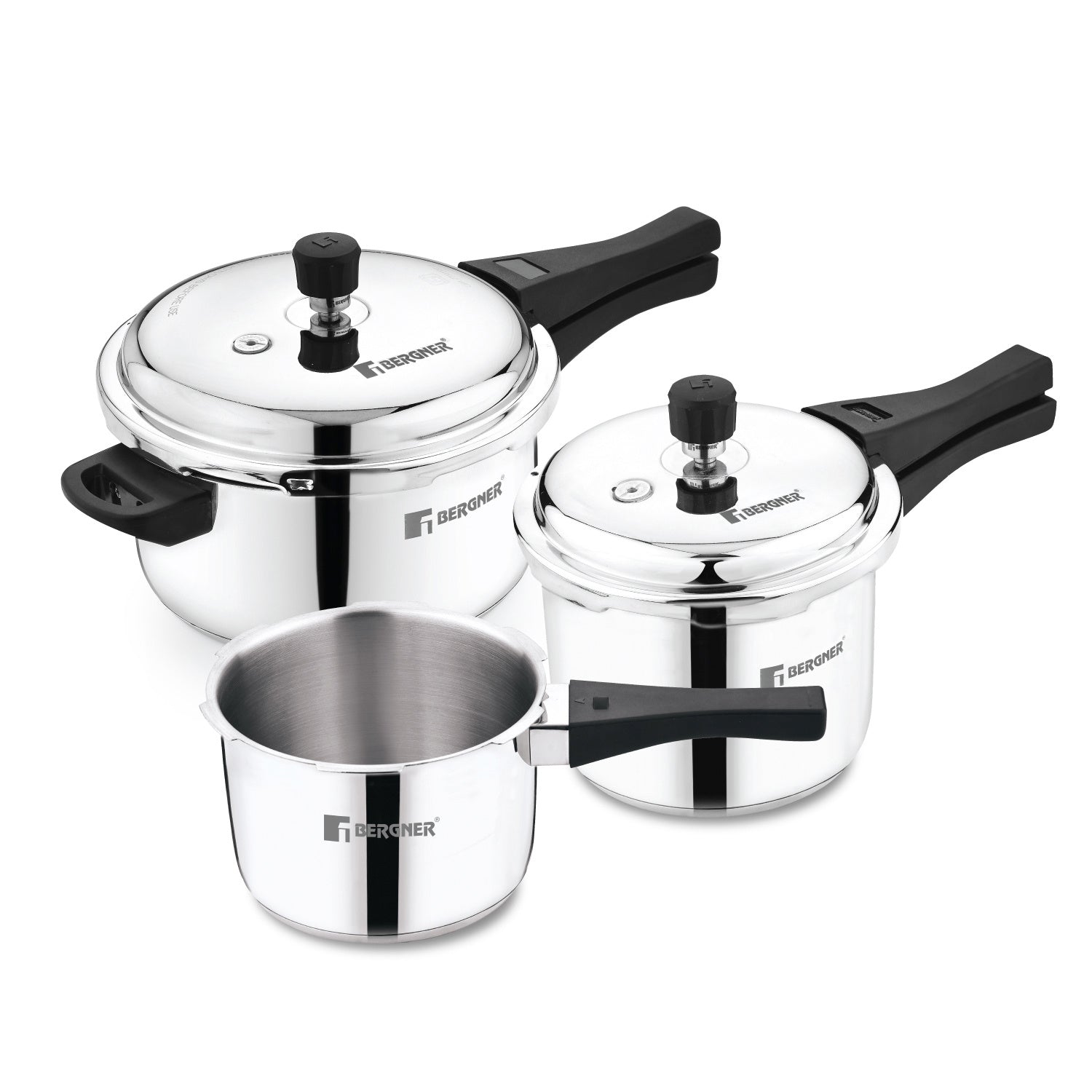 Bergner Sorrento Stainless Steel Outer Lid Pressure Cooker Combo - 5 L Cooker + 2 L and 3 L Cooker with Common Lid, Triply Base, Easy Open and Close - Induction Bottom