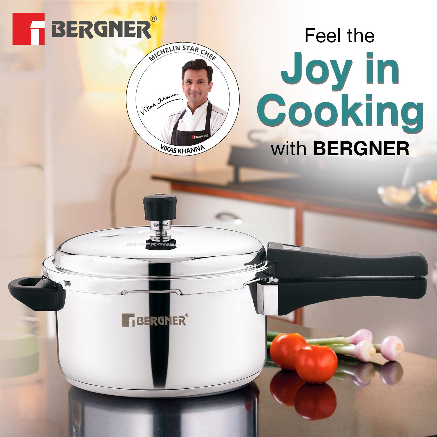 Bergner Sorrento Stainless Steel Outer Lid Pressure Cooker Combo - 5 L Cooker + 2 L and 3 L Cooker with Common Lid, Tri-Ply Base, Easy Open and Close - Induction Bottom