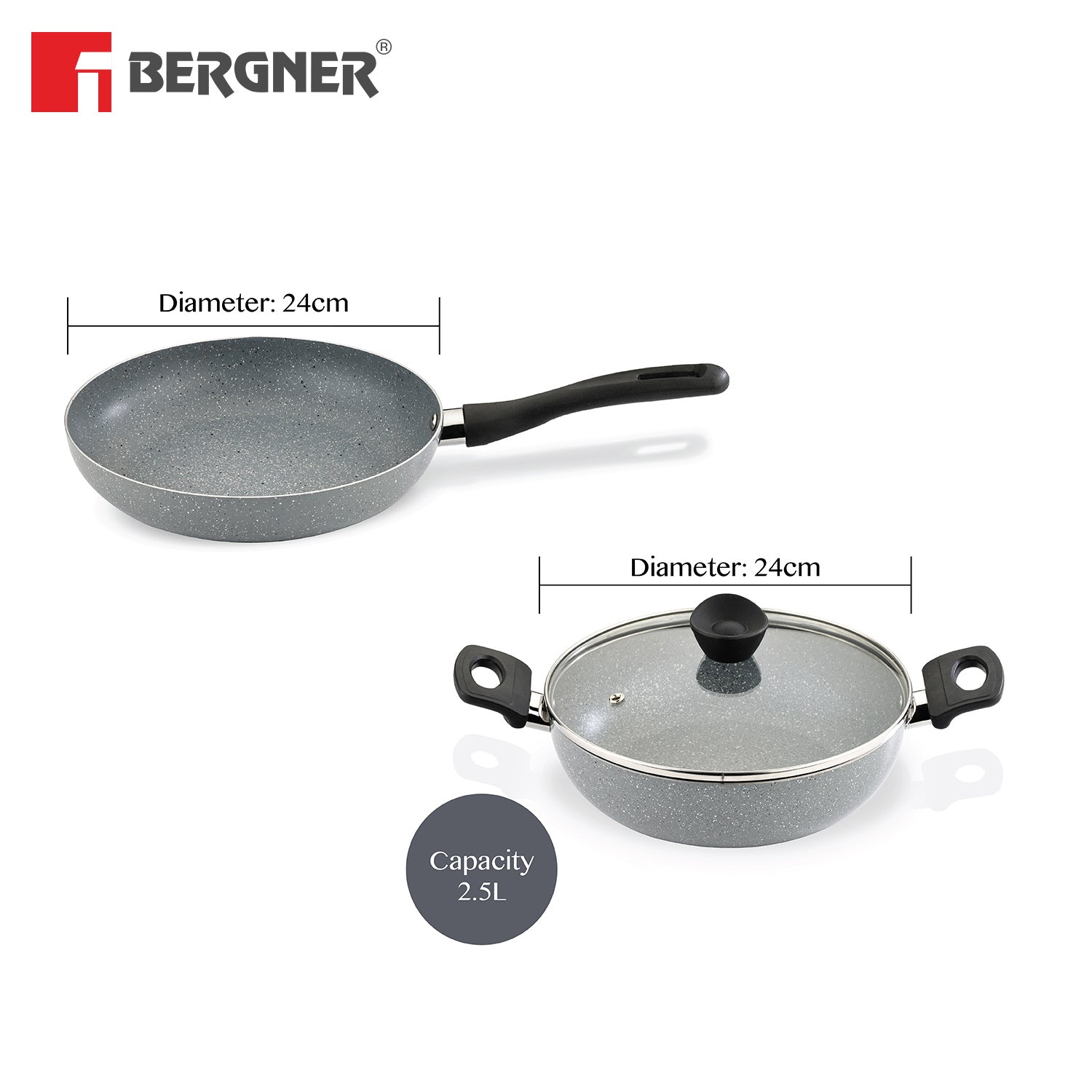 Bergner Orchid 3-Layer Non-Stick Coating 3 Pcs Cookware Set - 24cm (2.5 L) Kadai with Glass Lid and 24cm Frypan, Less Oil Use - Induction Bottom