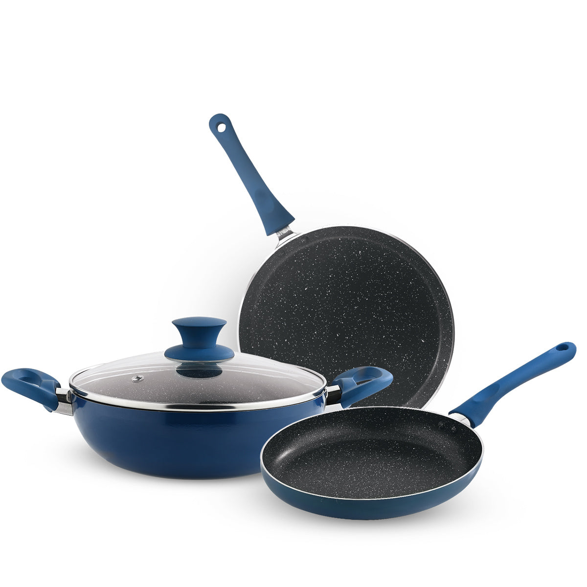 Bergner Aster Non-Stick 4 Pcs Cookware Set - 24cm (2.5 L) Kadai with Glass Lid, 24cm Frypan and 28cm Tawa - Induction Bottom