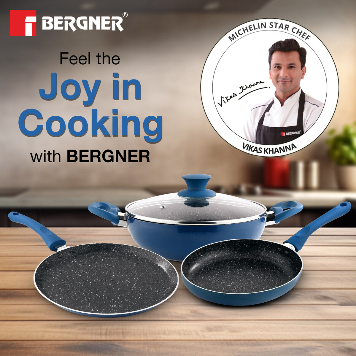 Bergner Aster Non-Stick 4 Pcs Cookware Set - 24cm (2.5 L) Kadai with Glass Lid, 24cm Frypan and 28cm Tawa - Induction Bottom