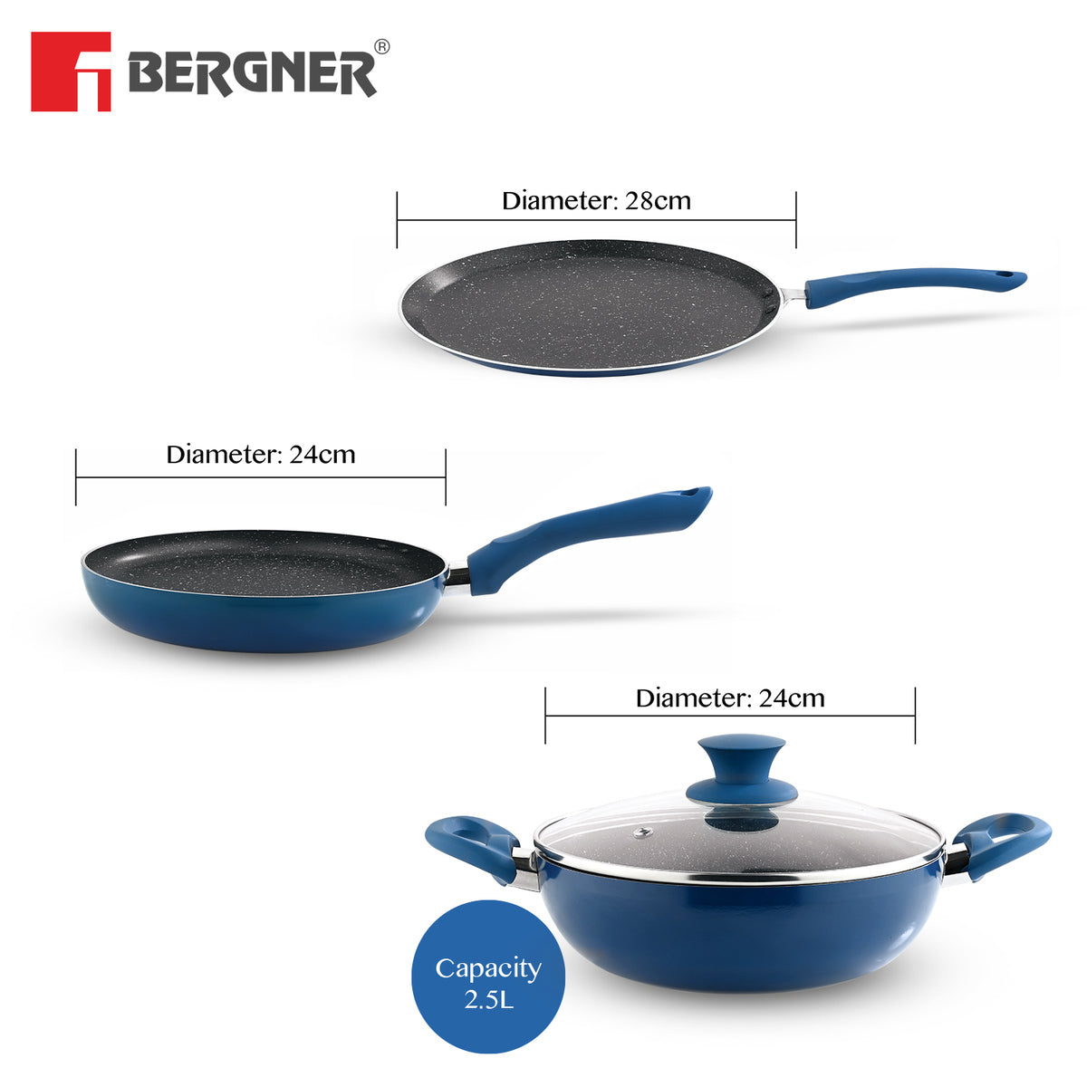 Bergner Aster Non-Stick 4 Pcs Cookware Set - 24cm (2.5 L) Kadai with Glass Lid, 24cm Frypan and 28cm Tawa - Induction Bottom