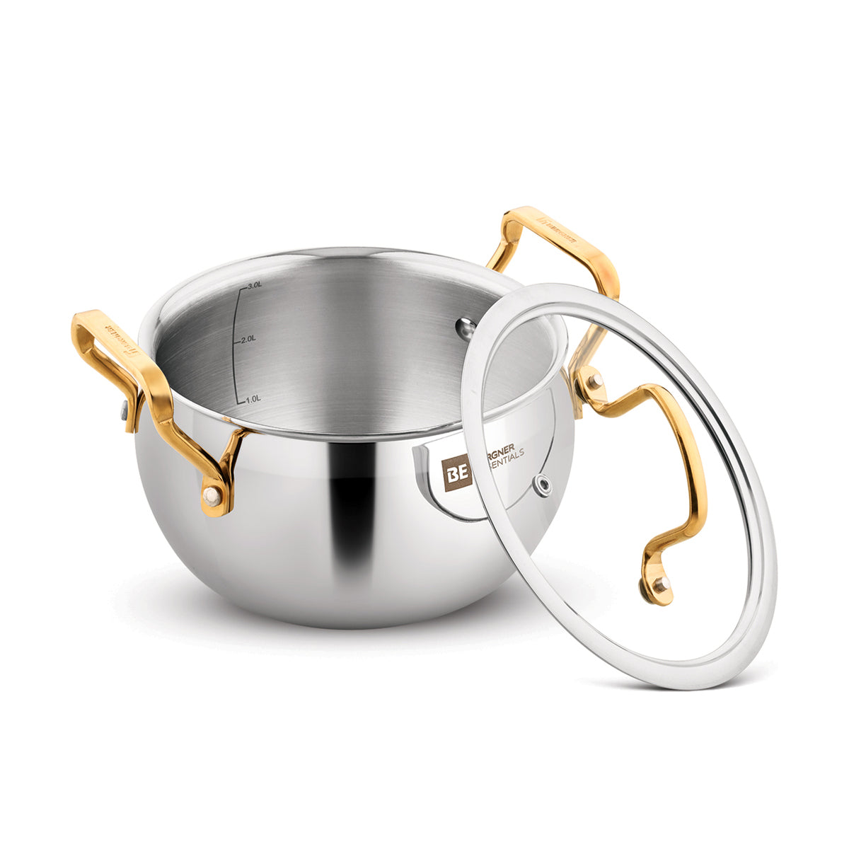 Bergner BE Essentials Rishi Gold Triply Stainless Steel Rice Handi with Flat Glass Lid and Golden Coated Handles, Less Oil Cooking - Induction Bottom