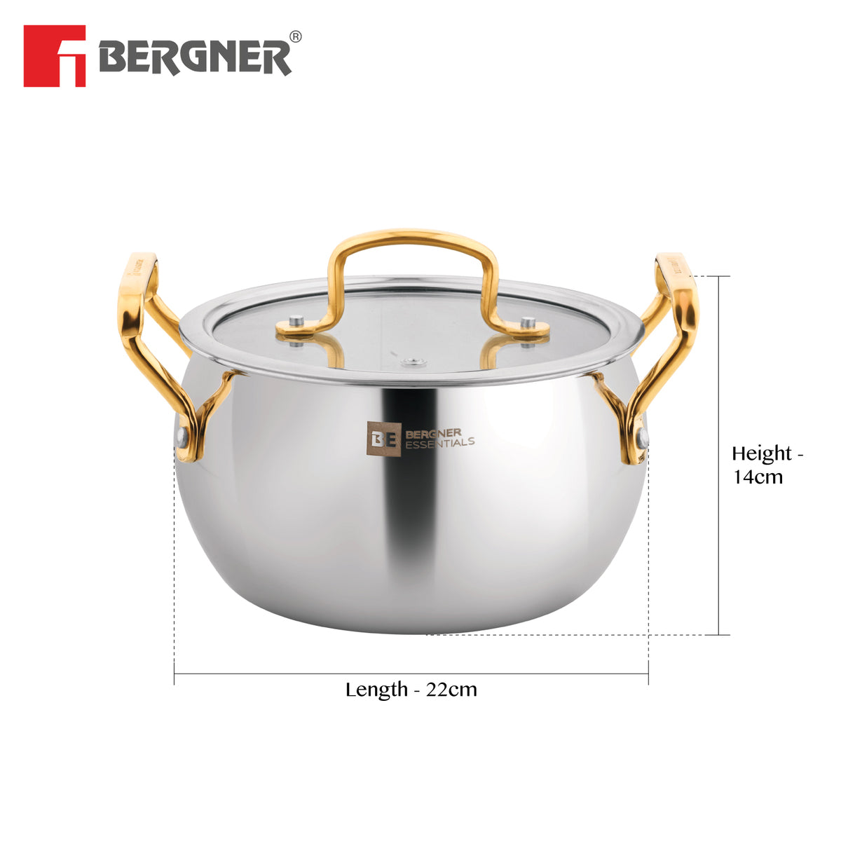 Bergner BE Essentials Rishi Gold Triply Stainless Steel Rice Handi with Flat Glass Lid and Golden Coated Handles, Less Oil Cooking - Induction Bottom