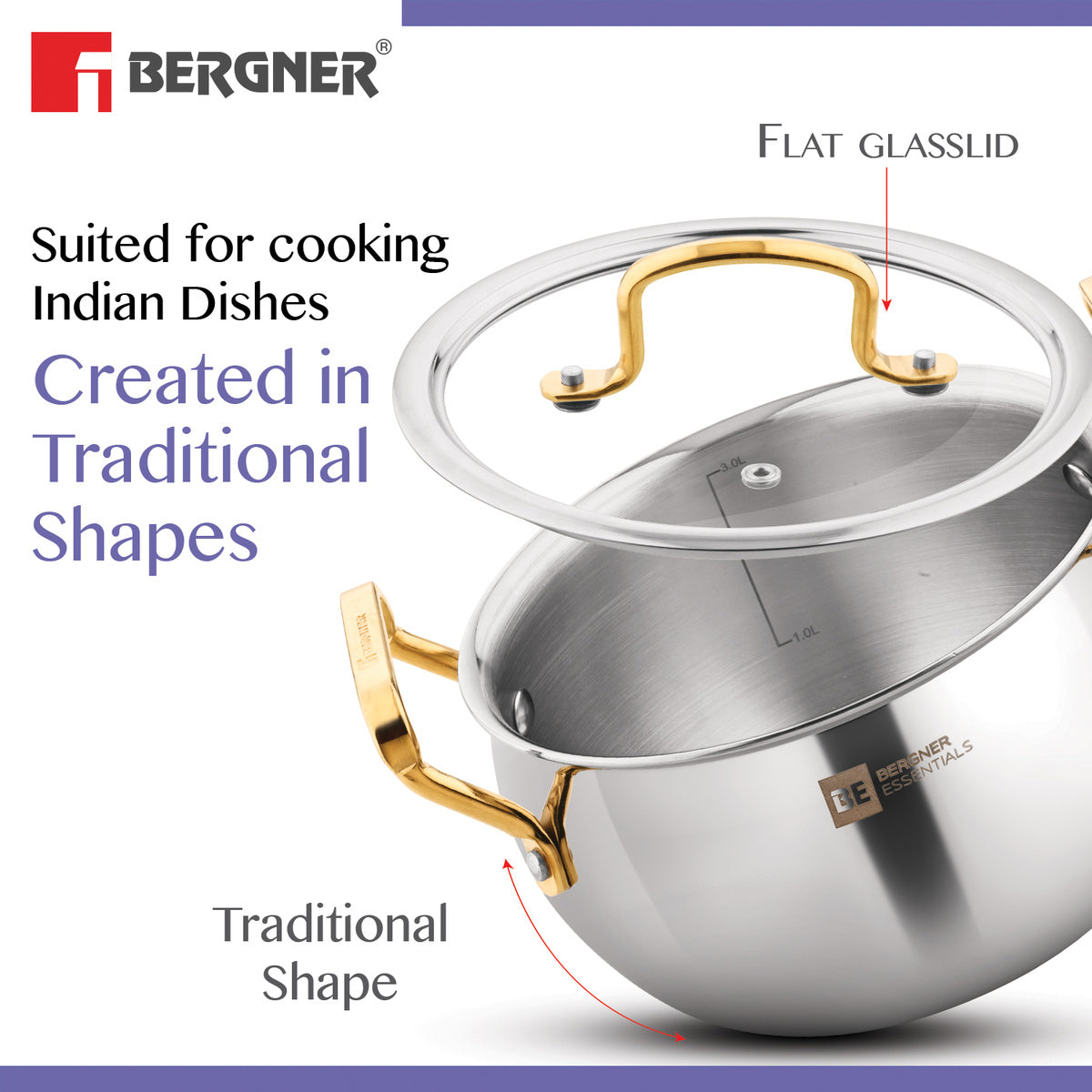 Bergner BE Essentials Rishi Gold Triply Stainless Steel Rice Handi with Flat Glass Lid and Golden Coated Handles, Less Oil Cooking - Induction Bottom