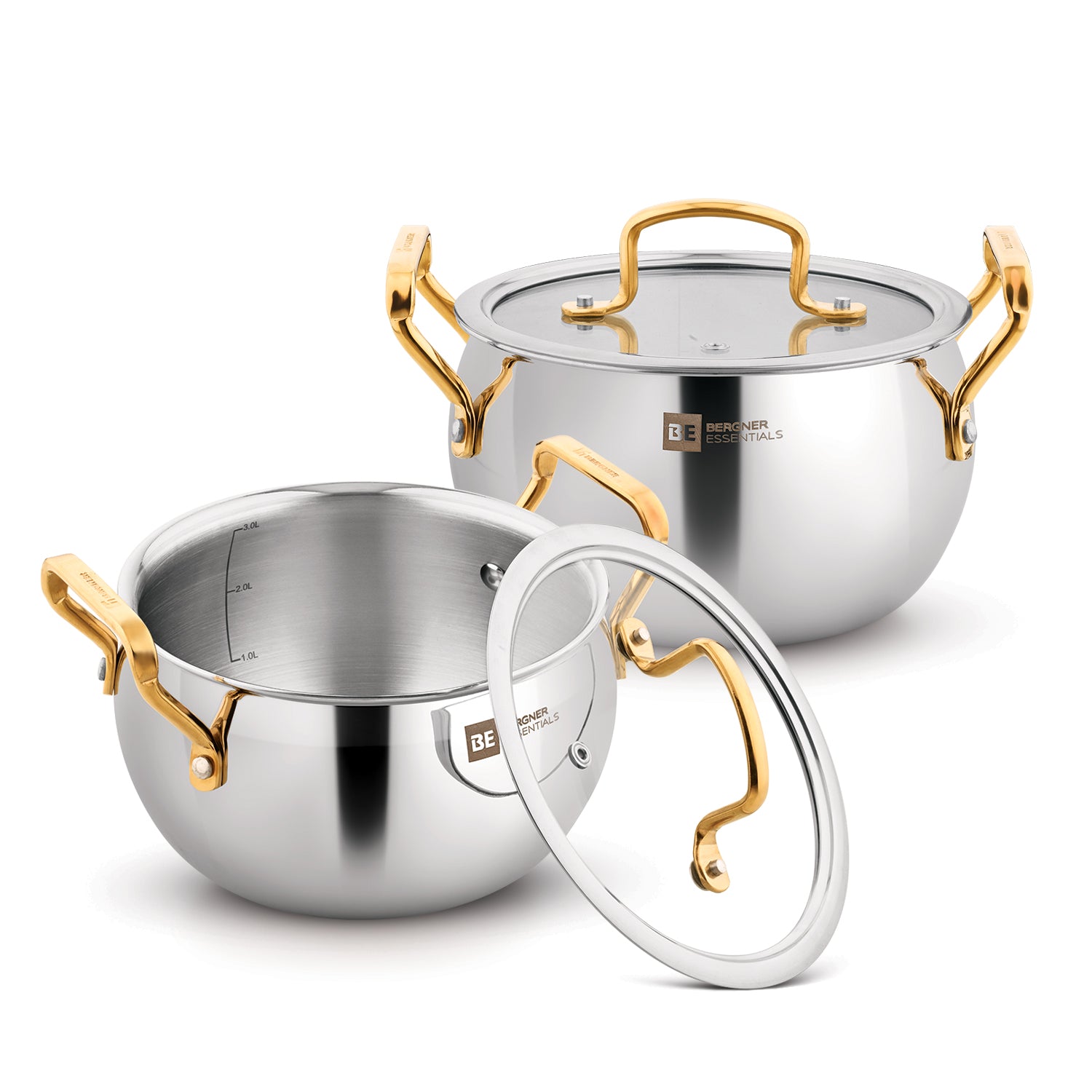 Bergner BE Essentials Rishi Gold Triply Stainless Steel 4 Pcs Rice Handi Set with Golden Coated Finishing Handles and Knob, Less Oil Cooking - Induction Bottom