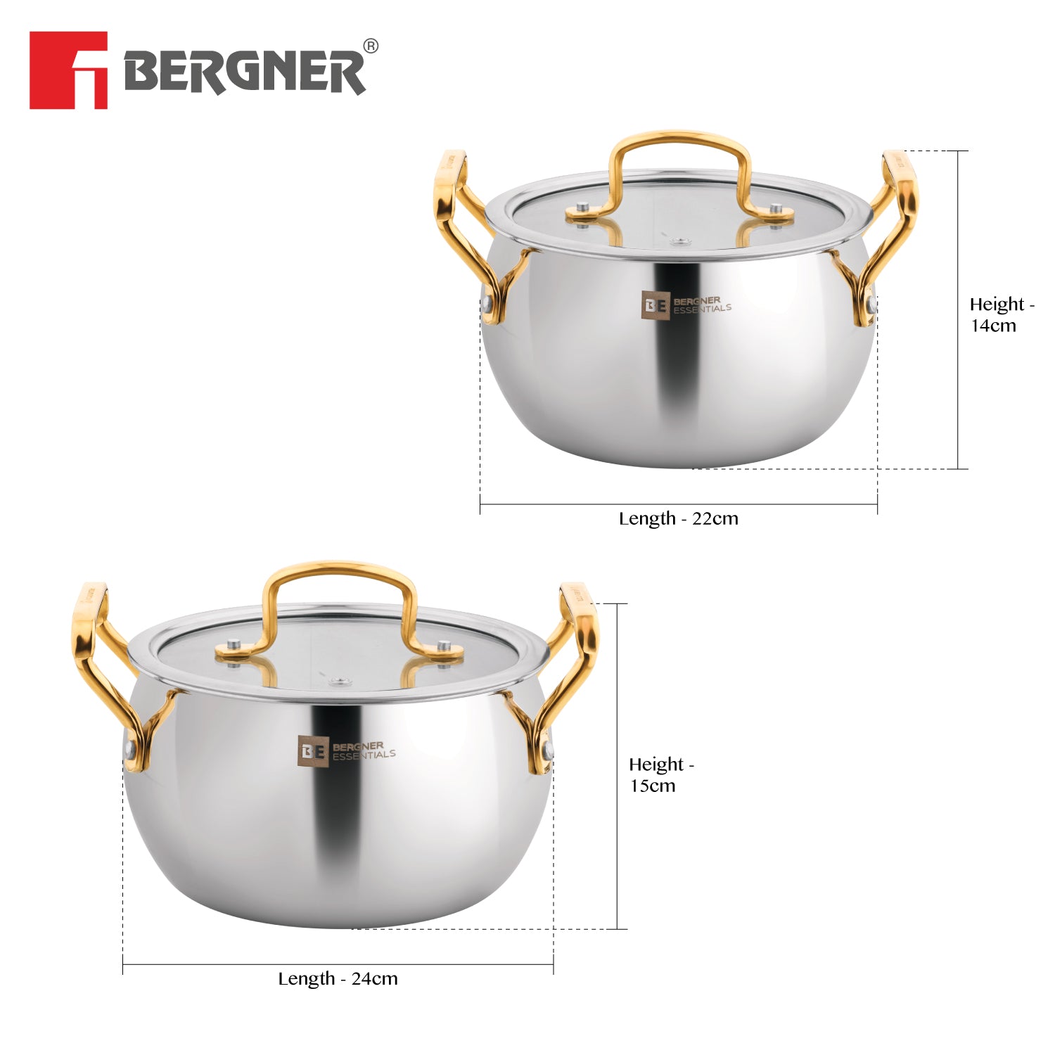 Bergner BE Essentials Rishi Gold Triply Stainless Steel 4 Pcs Rice Handi Set with Golden Coated Finishing Handles and Knob, Less Oil Cooking - Induction Bottom