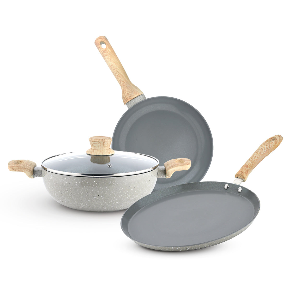 Bergner Terra Non-Stick 4 Pcs Cookware Set - 24cm (2.5 L) Kadai with Glass Lid, 24cm Frypan and 28cm Tawa, Ceramic Coating - Induction Bottom