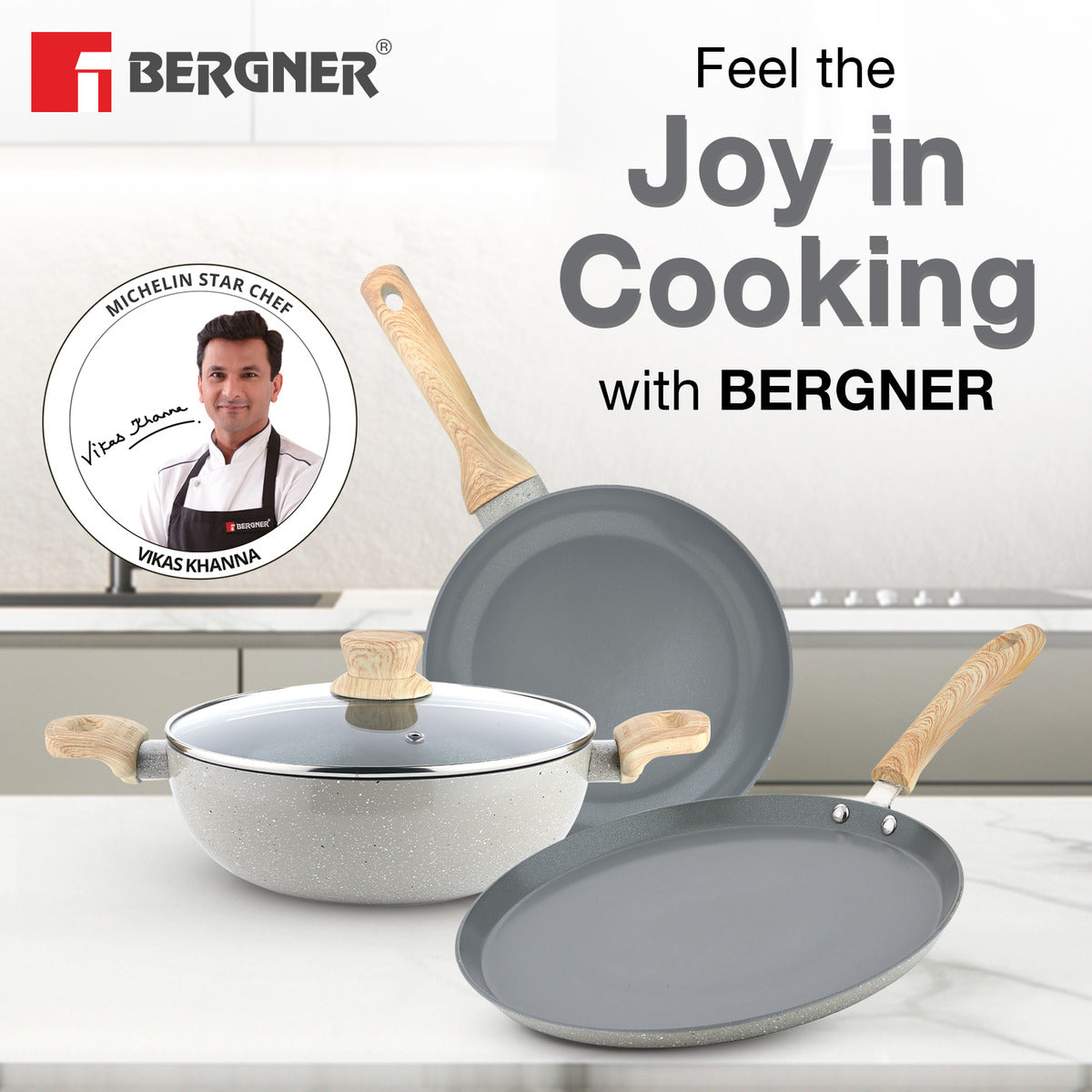 Bergner Terra Non-Stick 4 Pcs Cookware Set - 24cm (2.5 L) Kadai with Glass Lid, 24cm Frypan and 28cm Tawa, Ceramic Coating - Induction Bottom