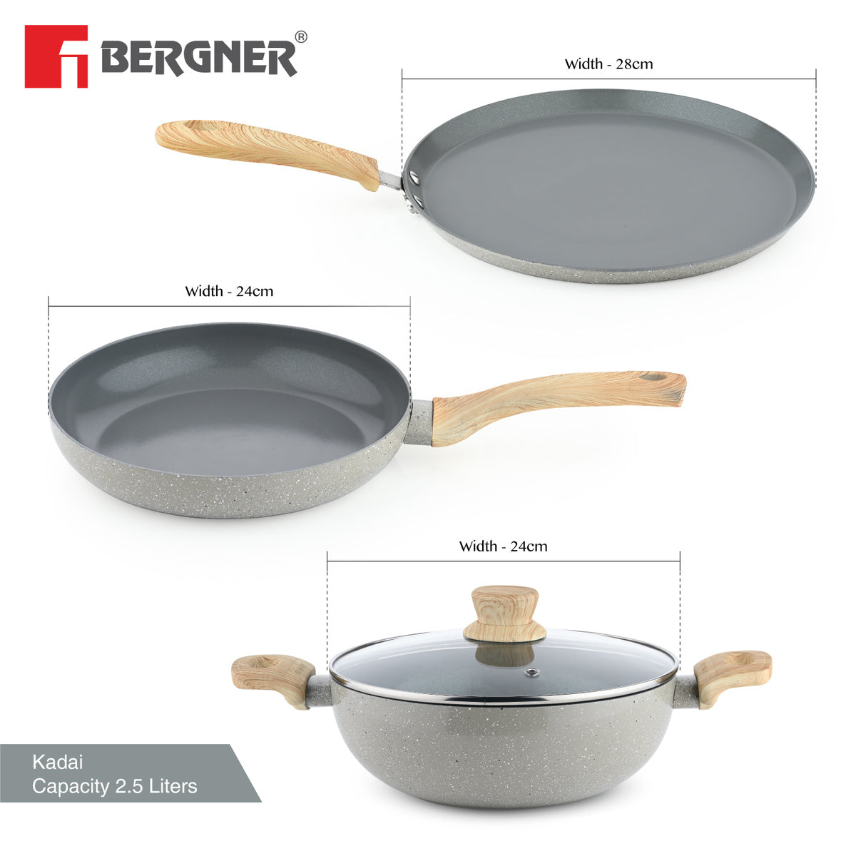 Bergner Terra Non-Stick 4 Pcs Cookware Set - 24cm (2.5 L) Kadai with Glass Lid, 24cm Frypan and 28cm Tawa, Ceramic Coating - Induction Bottom