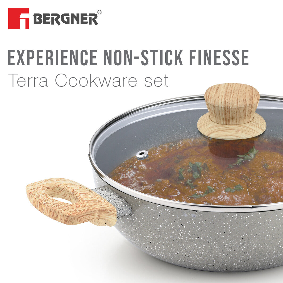 Bergner Terra Non-Stick 4 Pcs Cookware Set - 24cm (2.5 L) Kadai with Glass Lid, 24cm Frypan and 28cm Tawa, Ceramic Coating - Induction Bottom