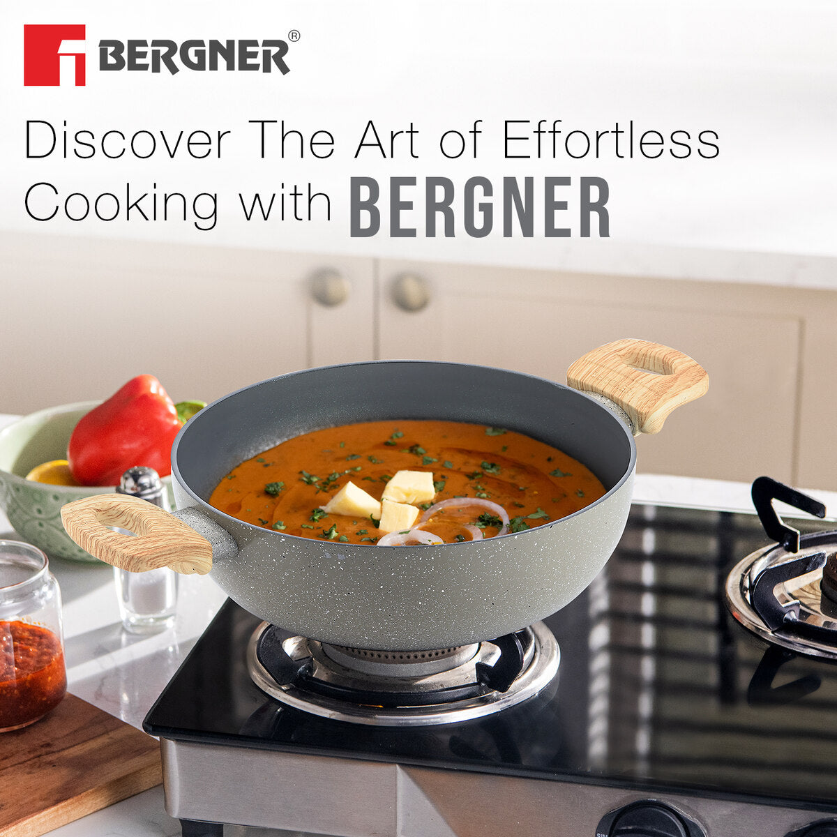 Bergner Terra Non-Stick 4 Pcs Cookware Set - 24cm (2.5 L) Kadai with Glass Lid, 24cm Frypan and 28cm Tawa, Ceramic Coating - Induction Bottom