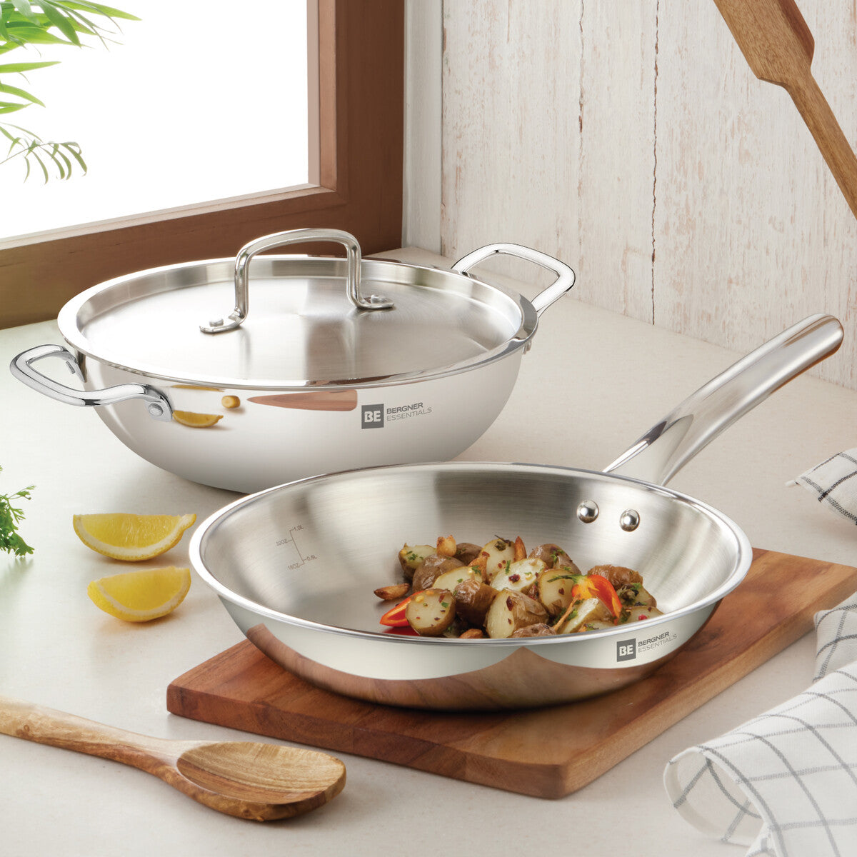 Bergner BE Essentials 3 Pcs Cookware Set, Less Oil Use, Dishwasher Safe, Induction Bottom and Gas Stove Ready (5-Years Warranty)