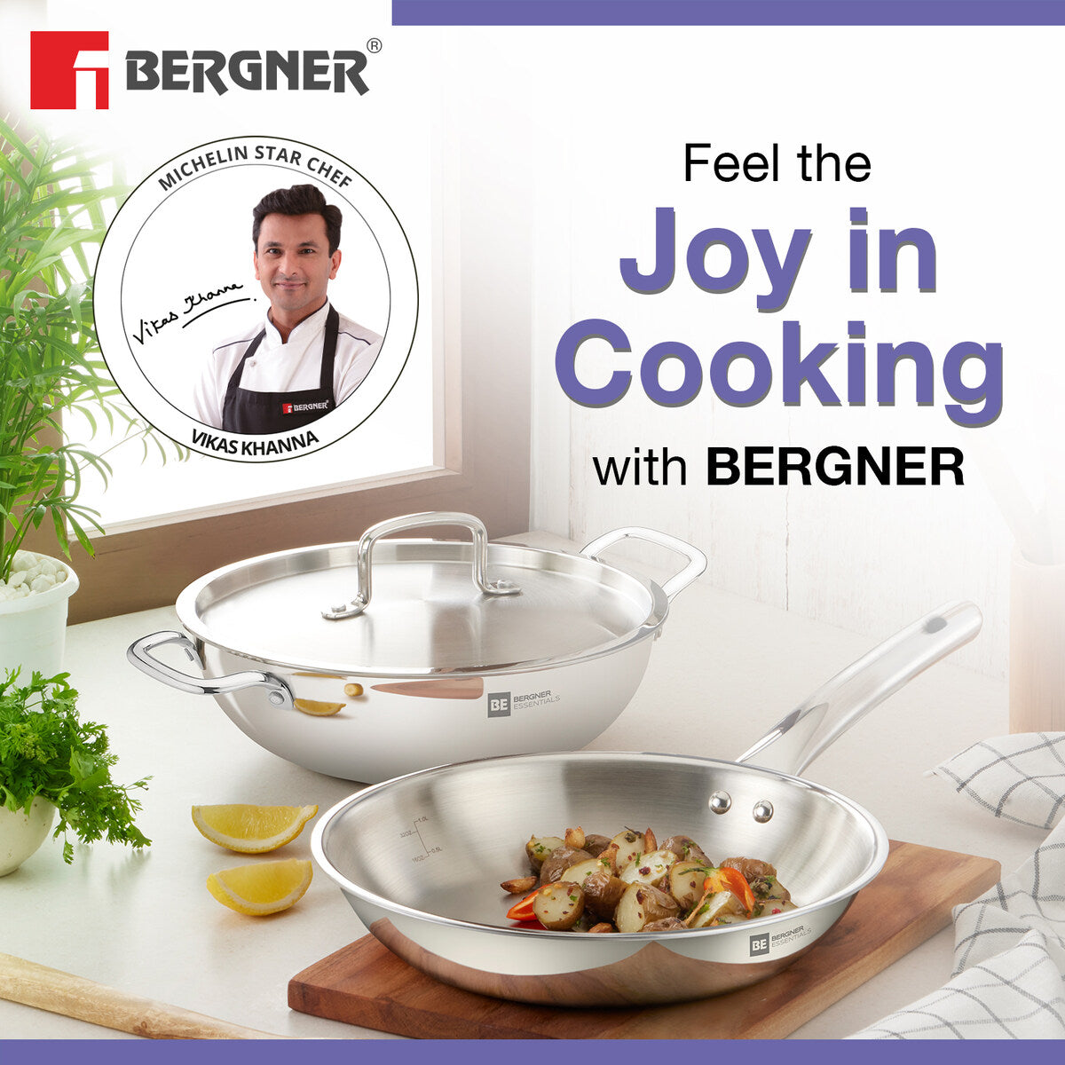 Bergner BE Essentials 3 Pcs Cookware Set, Less Oil Use, Dishwasher Safe, Induction Bottom and Gas Stove Ready (5-Years Warranty)