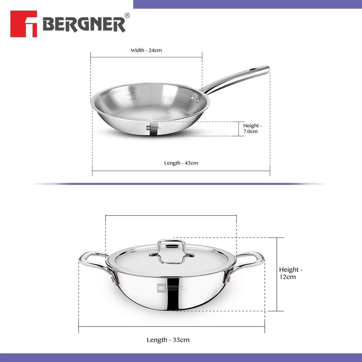 Bergner BE Essentials 3 Pcs Cookware Set, Less Oil Use, Dishwasher Safe, Induction Bottom and Gas Stove Ready (5-Years Warranty)