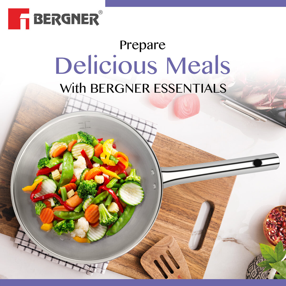 Bergner BE Essentials 3 Pcs Cookware Set, Less Oil Use, Dishwasher Safe, Induction Bottom and Gas Stove Ready (5-Years Warranty)