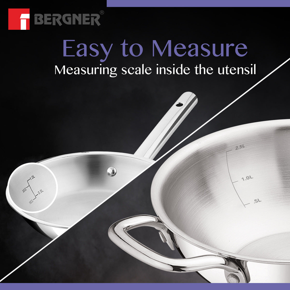 Bergner BE Essentials 3 Pcs Cookware Set, Less Oil Use, Dishwasher Safe, Induction Bottom and Gas Stove Ready (5-Years Warranty)