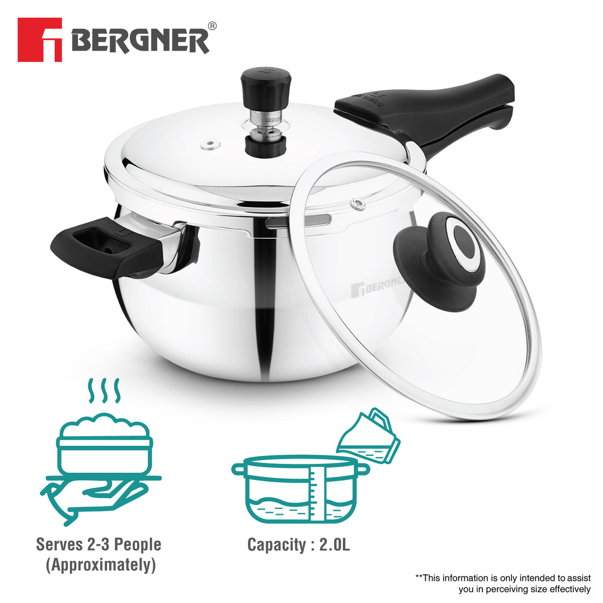 Bergner Trimax ORB Tri-Ply Stainless Steel Belly Shape Outer Lid Pressure Cooker with Extra Glass Lid, Less Oil Use - Induction Bottom