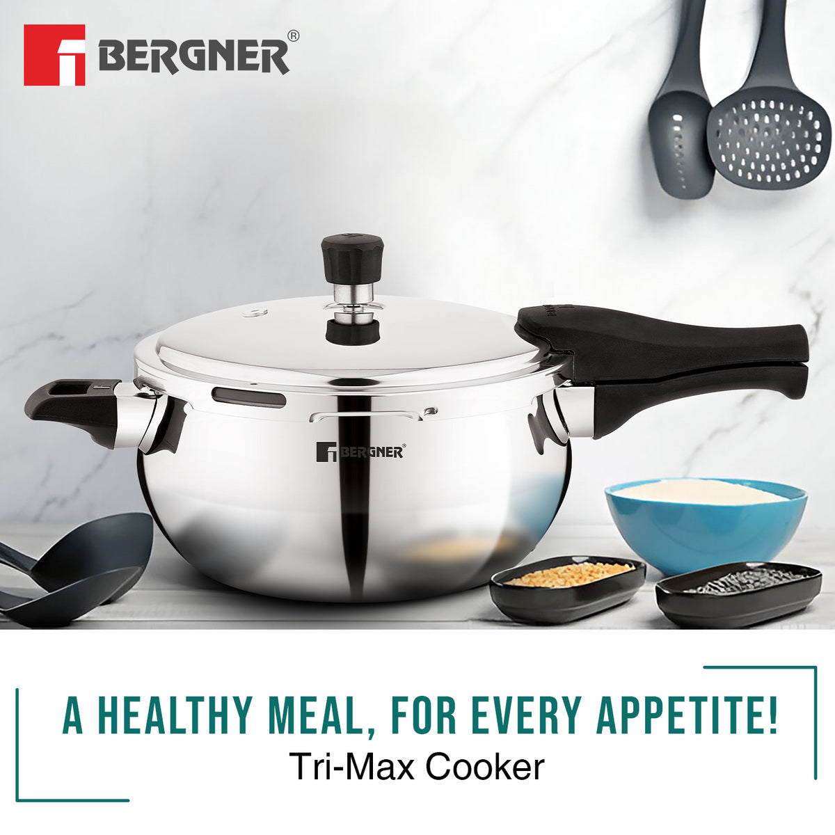 Bergner Trimax ORB Tri-Ply Stainless Steel Belly Shape Outer Lid Pressure Cooker with Extra Glass Lid, Less Oil Use - Induction Bottom