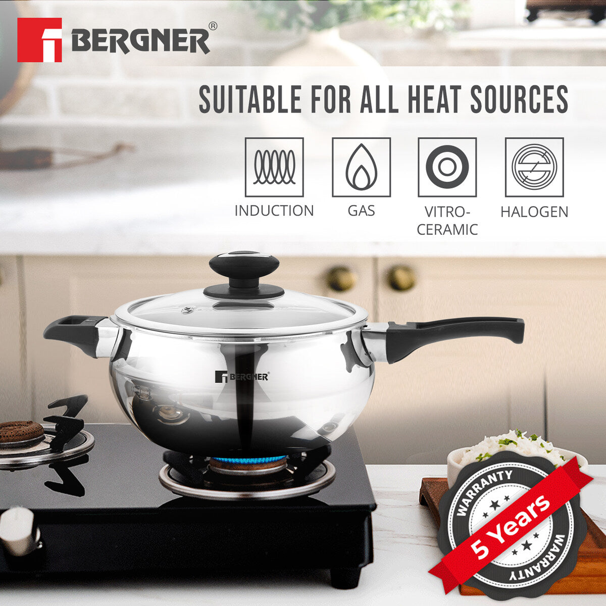 Bergner Trimax ORB Tri-Ply Stainless Steel Belly Shape Outer Lid Pressure Cooker with Extra Glass Lid, Less Oil Use - Induction Bottom