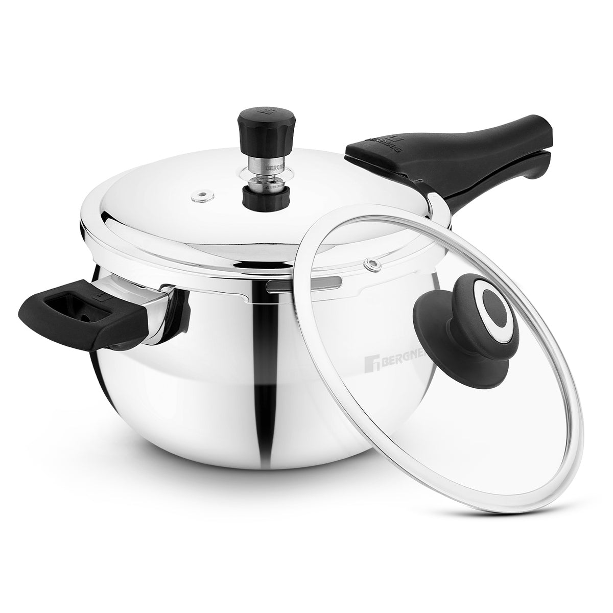 Bergner Trimax ORB Triply Stainless Steel Belly Shape Outer Lid Pressure Cooker with Extra Glass Lid, Less Oil Use - Induction Bottom