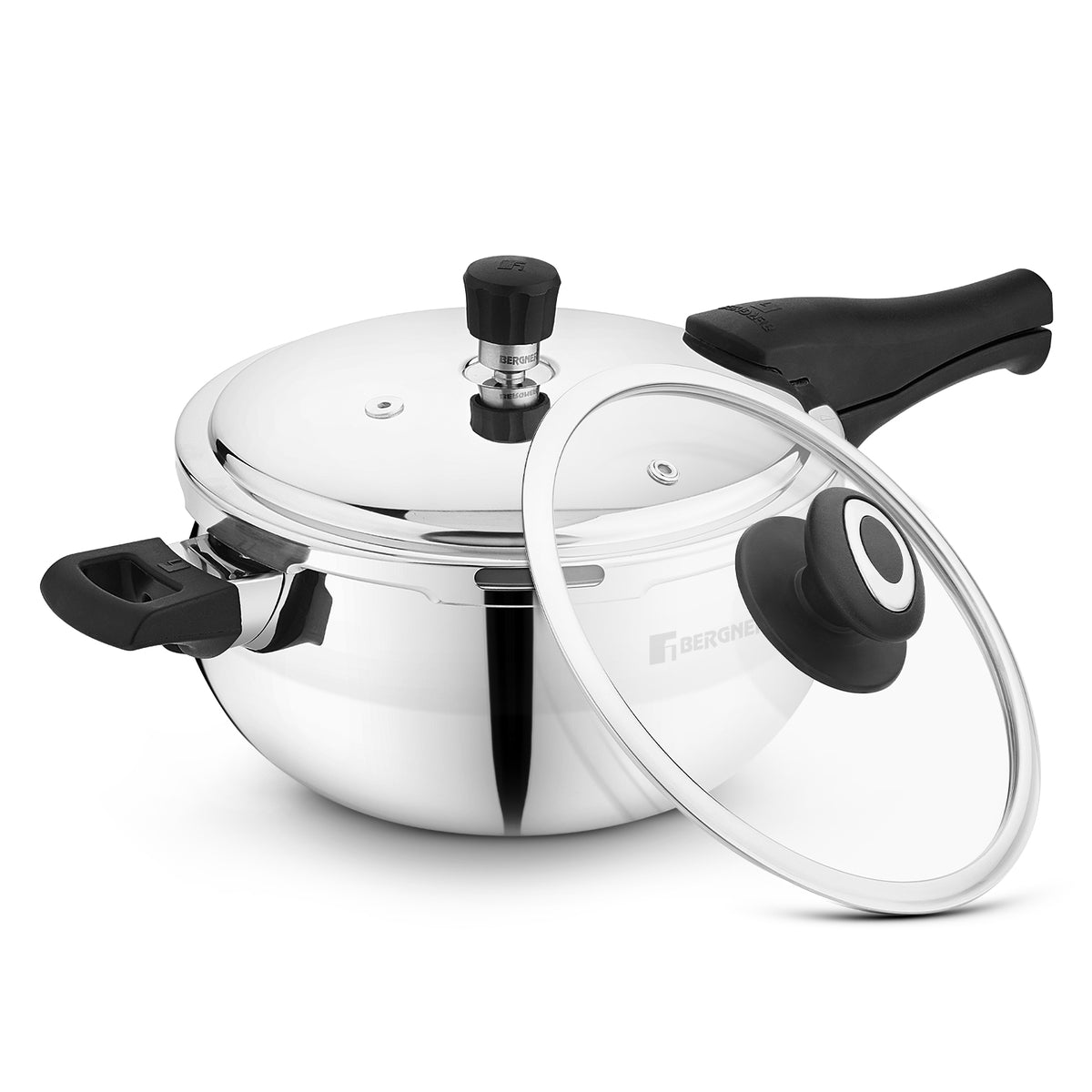 Bergner Trimax ORB Triply Stainless Steel Belly Shape Outer Lid Pressure Cooker with Extra Glass Lid, Less Oil Use - Induction Bottom